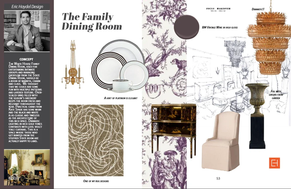 Featuring: Currey & Co. lighting, French Heritage pedestal/urn, Theodore Alexander bar cabinet, Carrington Court chair, Eric Haydel-designed Carnival Rug for Dover Rugs, Schumacher toile fabric, Kate Spade china.