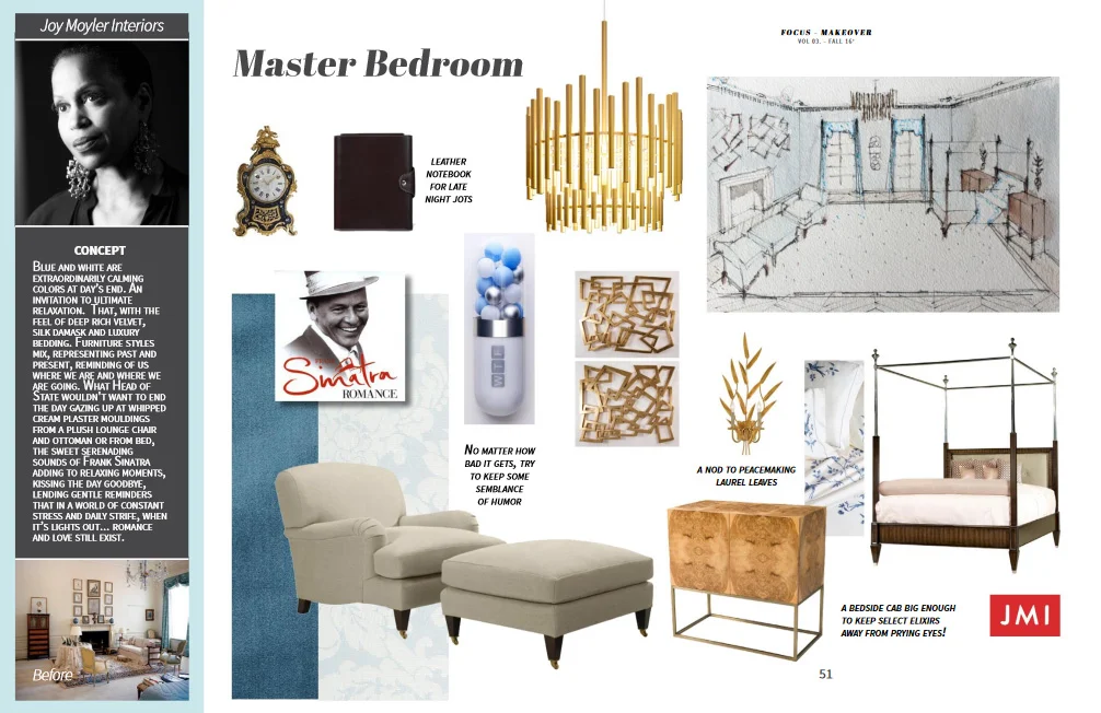 Featuring: Theodore Alexander bed and chest, Planum chandelier, Ralph Lauren chair and ottoman, Schumacher silk and damask, Leron linens, Artmax wall decor, 1st Dibs clock and art, Currey & Co. sconce.
