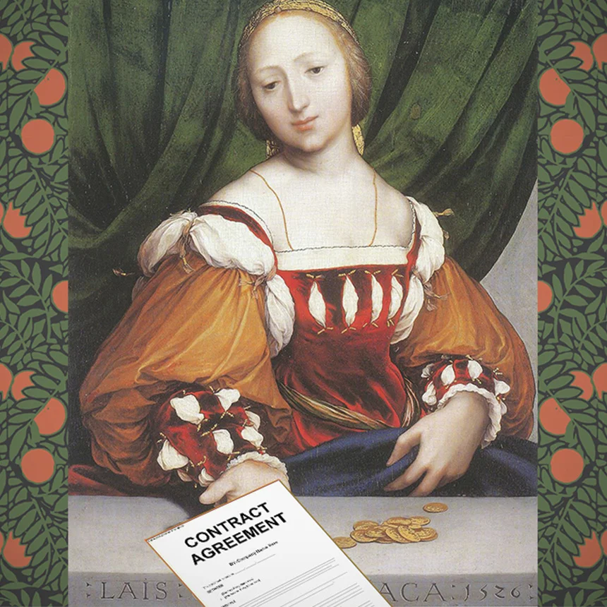 Painting: Lais of Corinth by Hans Holbein the Younger Background: Mitchell Black Orange Bush Wallcovering