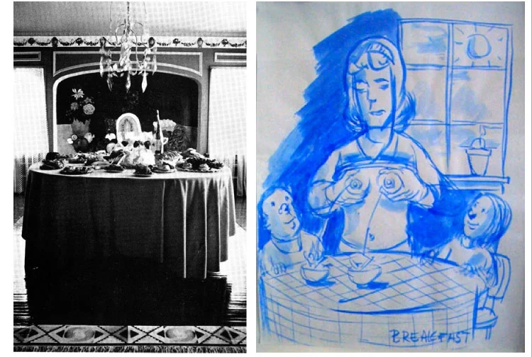 Dining Room, Womanhouse (1972) left; Nicole Eisenman, Breakfast, ink on paper, 1998