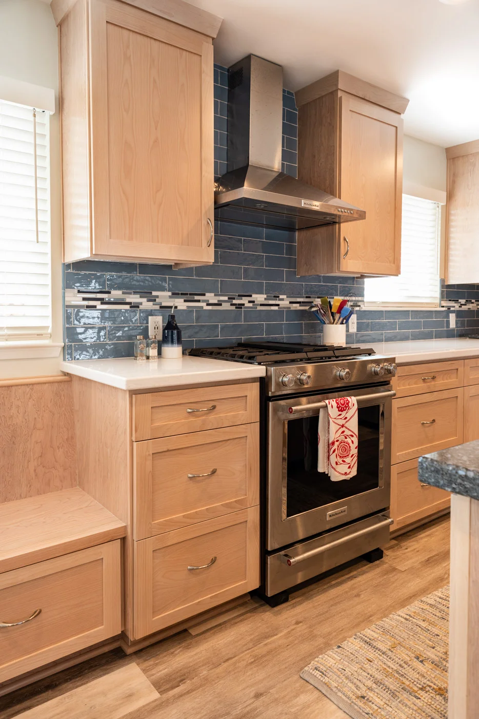 Coastal Contemporary custom kitchen cabinets with natural wood stain