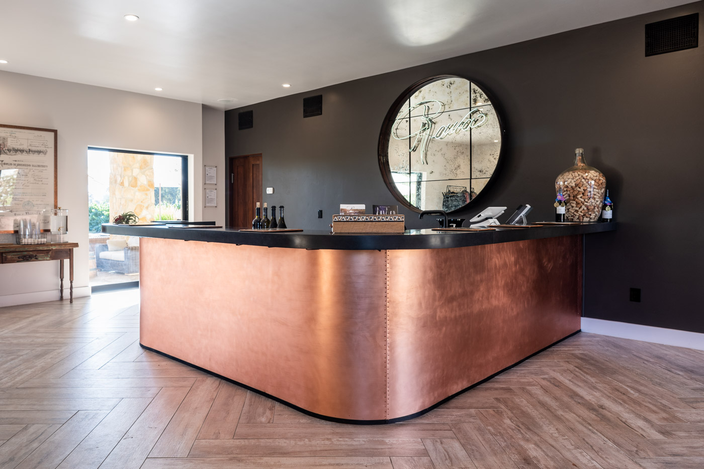Industrial Wine Tasting Room home bar custom cabinets