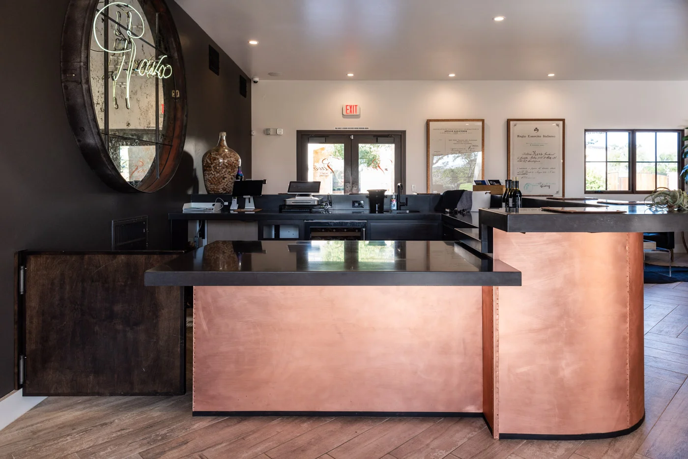Industrial Wine Tasting Room home bar custom cabinets