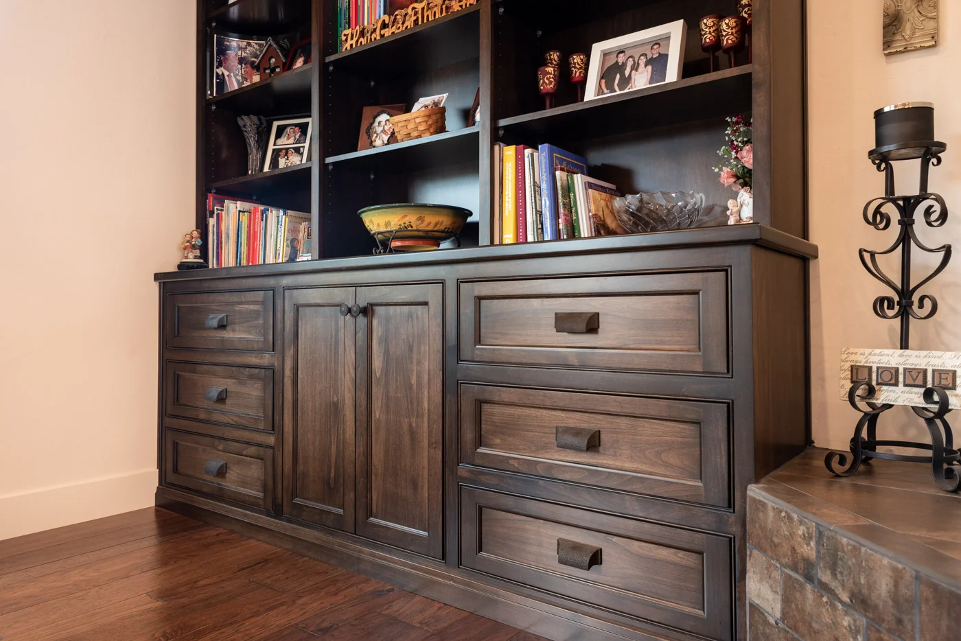 Tuscan Artisan custom stained Alder wood living room built-in bookcase cabinet