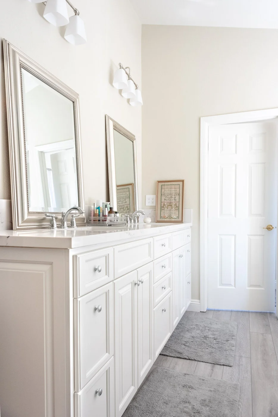 Modern Farmhouse Cottage bathroom vanity with custom white painted cabinets