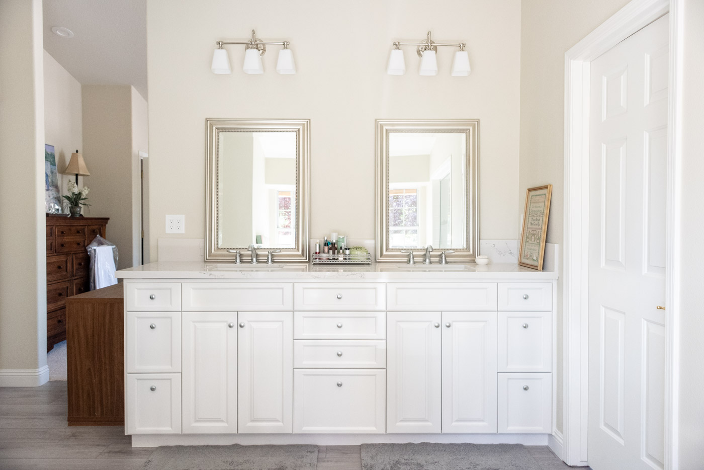 Modern Farmhouse Cottage bathroom vanity with custom white painted cabinets