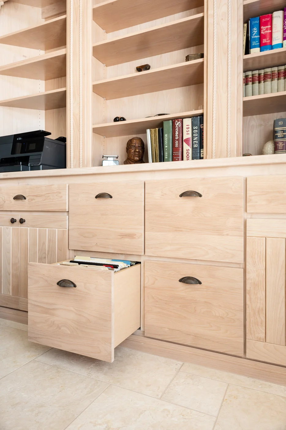 Simple Southwestern custom home office cabinets and bookcase in white washed wood stain