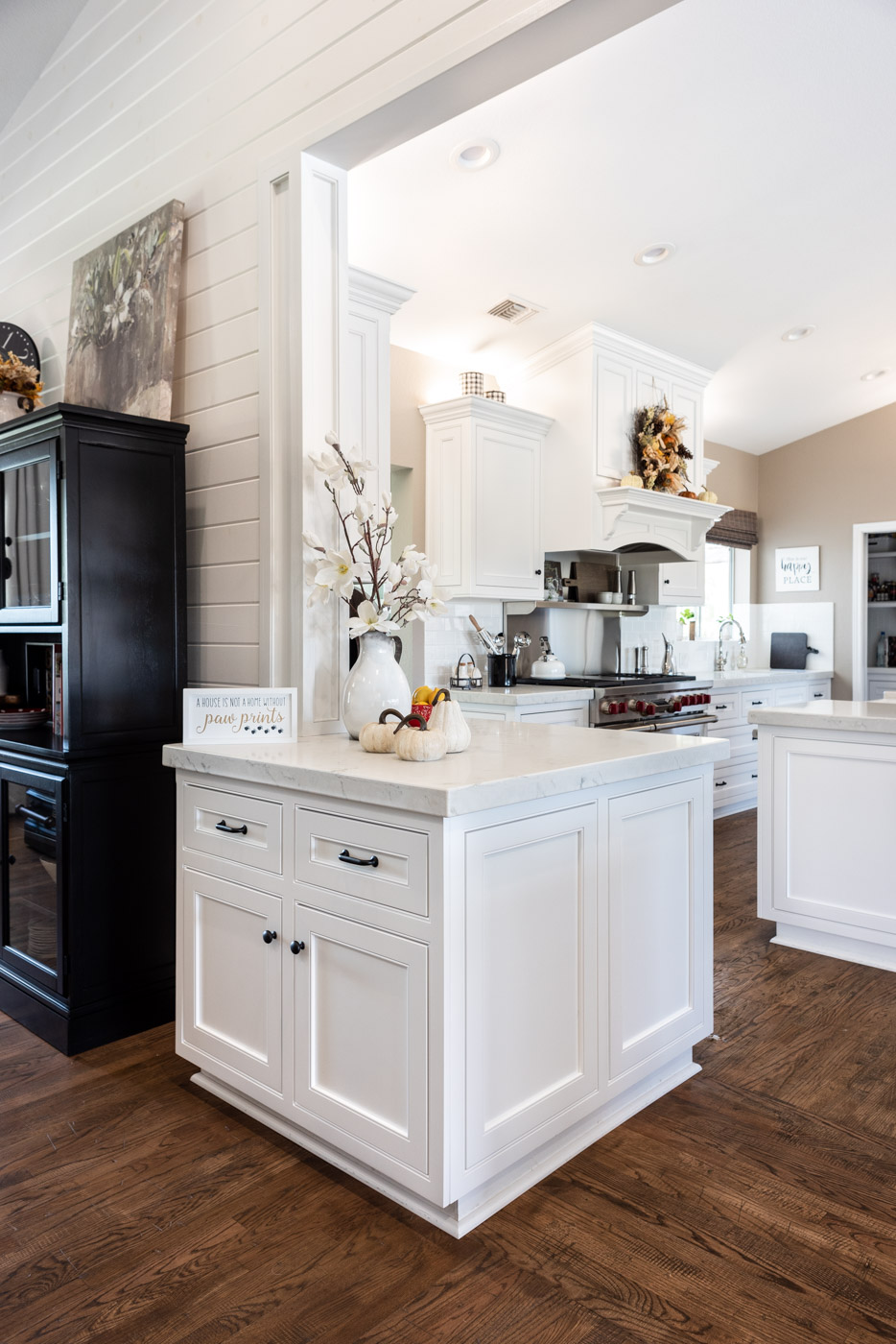 Transitional Country Cottage style kitchen with white recessed panel painted cabinets