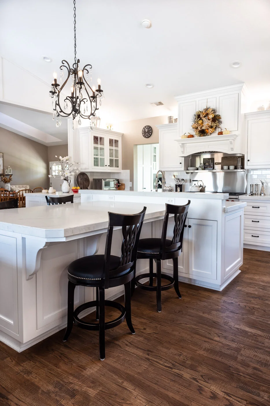 Transitional Country Cottage style kitchen with white recessed panel painted cabinets and custom kitchen island