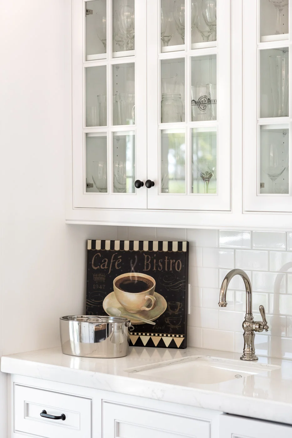 Transitional Country Cottage style kitchen with french door glass cabinet door panels