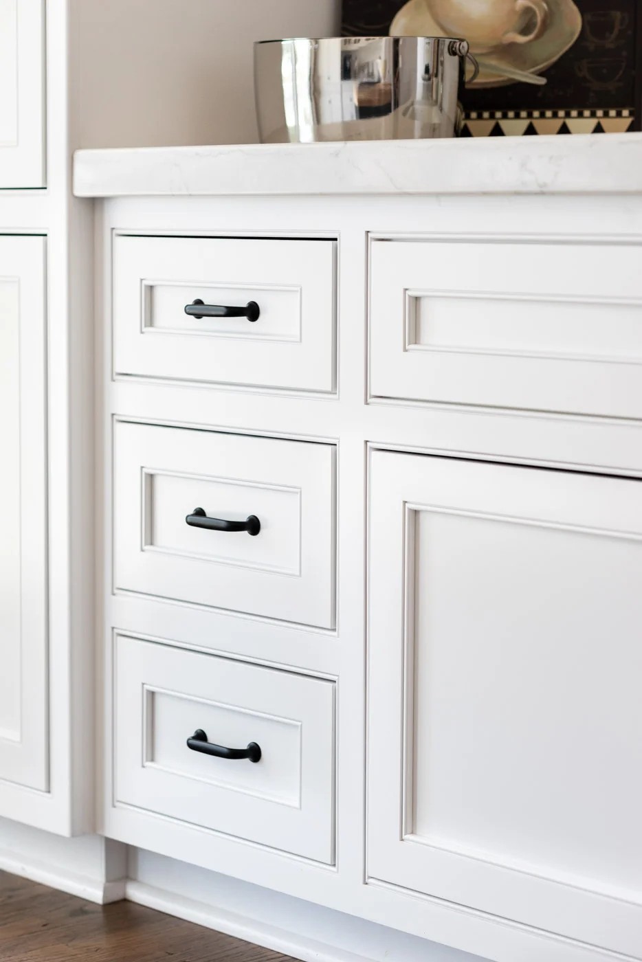 Transitional Country Cottage style kitchen with small bone flush inset cabinets