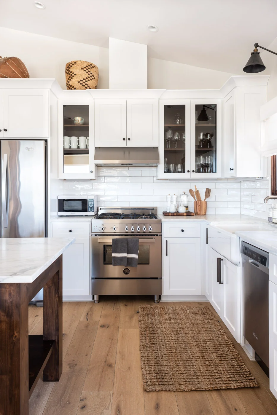 Vineyard Guest House kitchen with custom white painted shaker cabinets