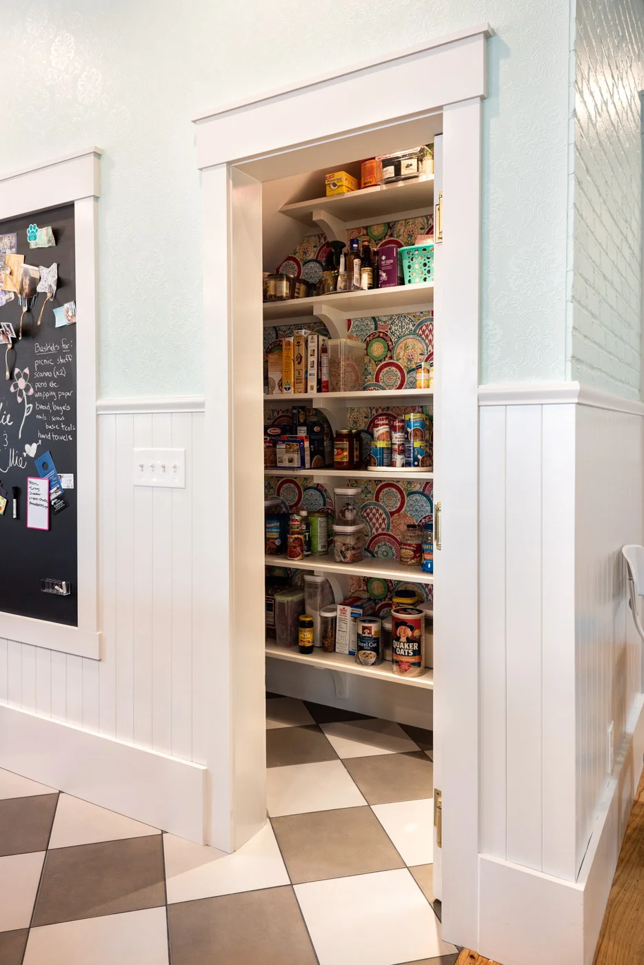 Eclectic Country Craftsman kitchen with custom blue painted cabinets and pantry shelving