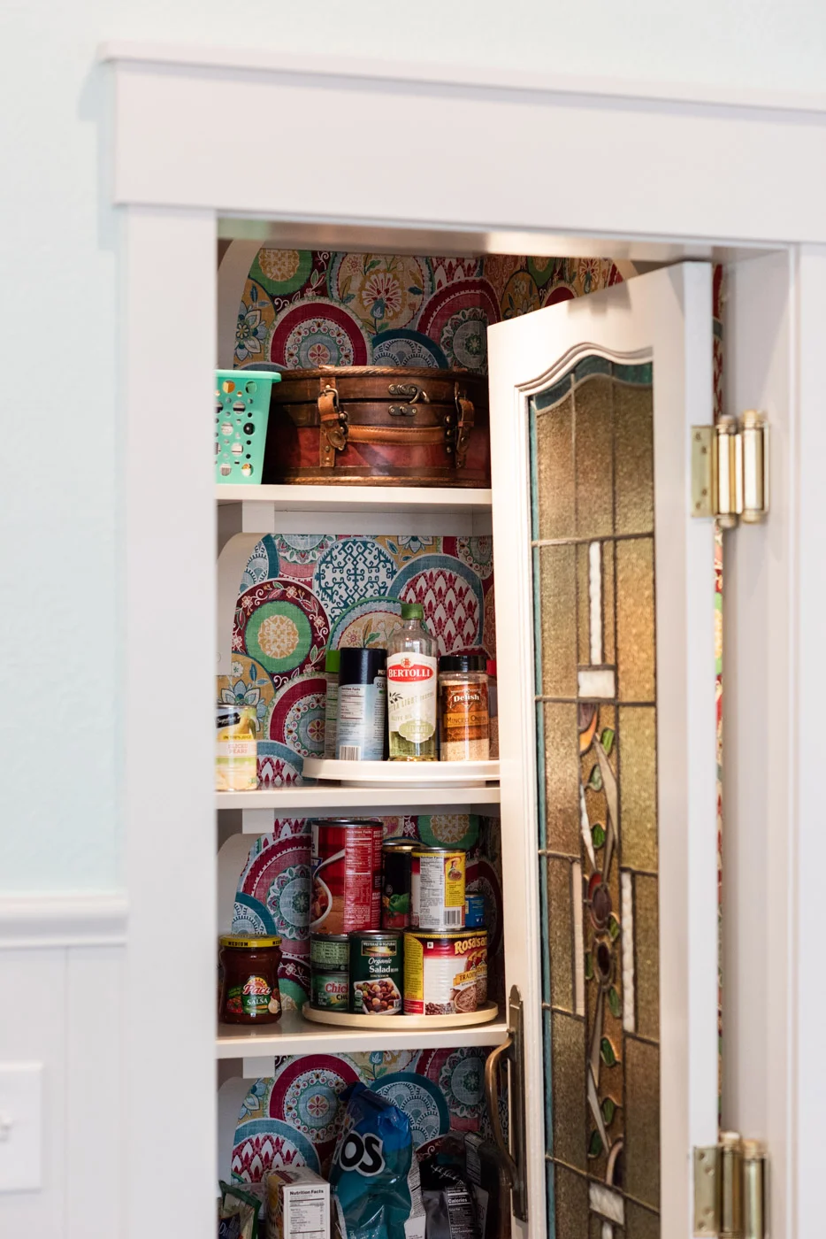 Eclectic Country Craftsman kitchen with custom blue painted cabinets and pantry shelving
