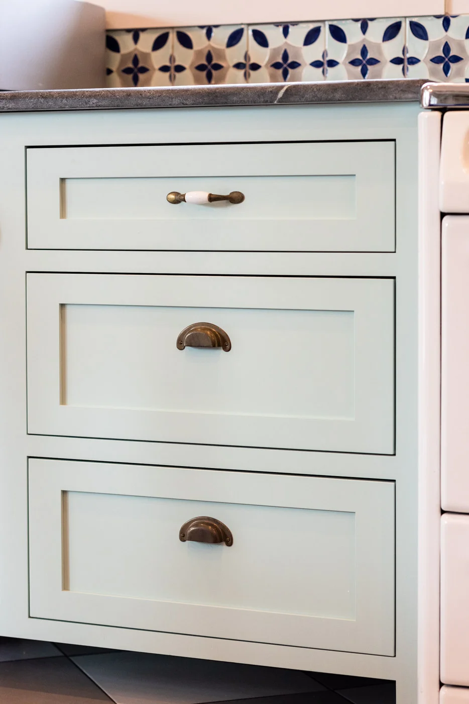 Eclectic Country Craftsman kitchen with custom blue painted cabinets