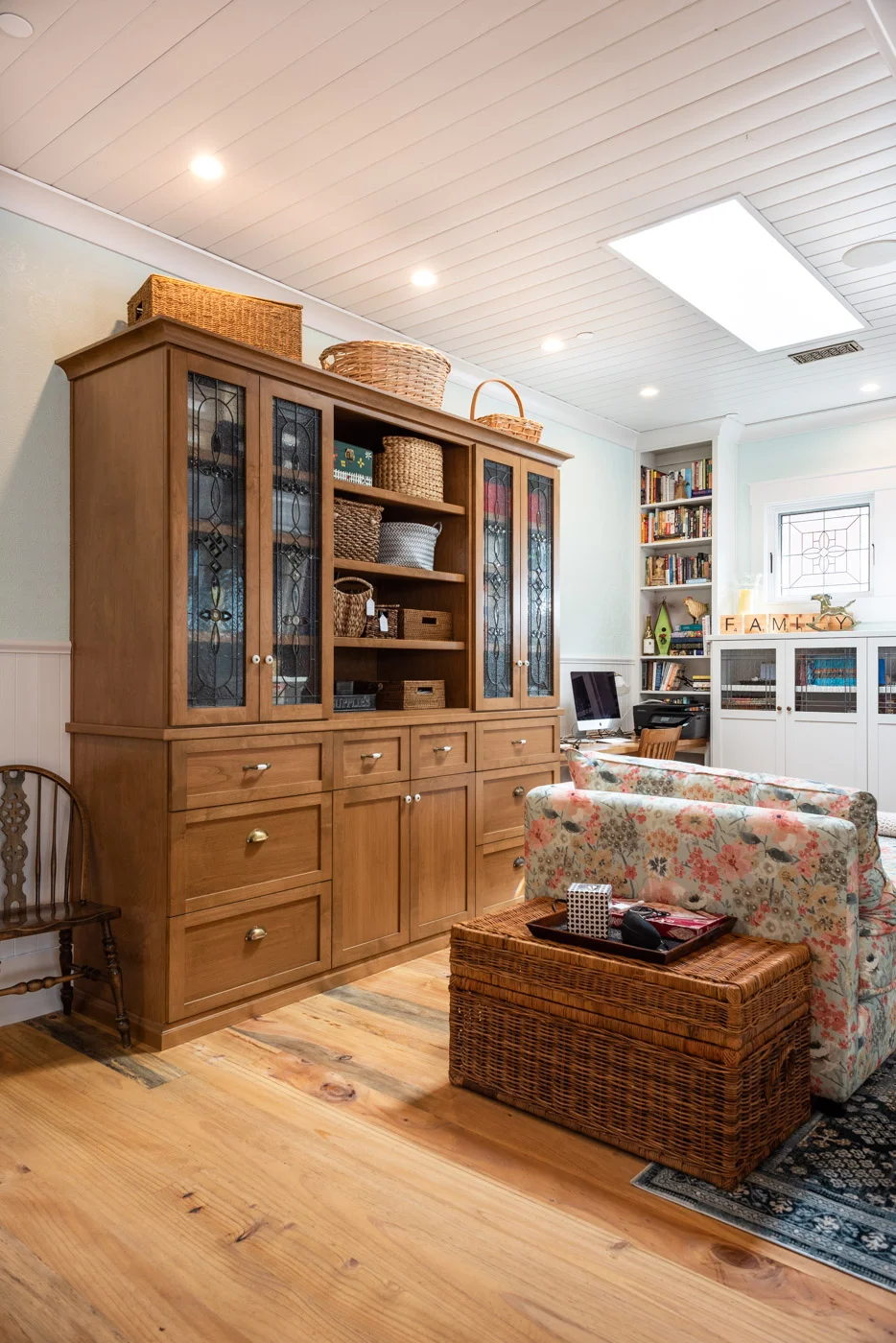 Eclectic Country Craftsman custom living room built in display case with custom wood stained cabinets