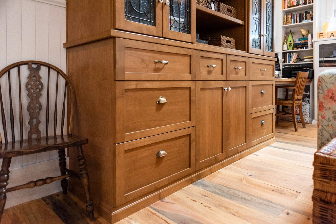 Eclectic Country Craftsman custom living room built in display case with custom wood stained cabinets