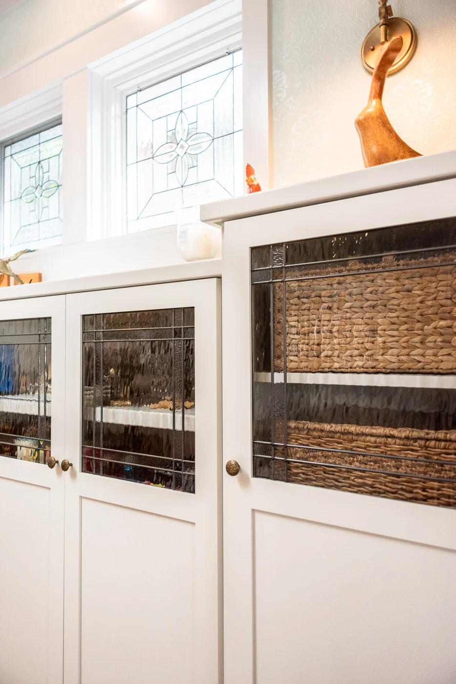Eclectic Country Craftsman custom living room built in display case with custom white painted cabinets