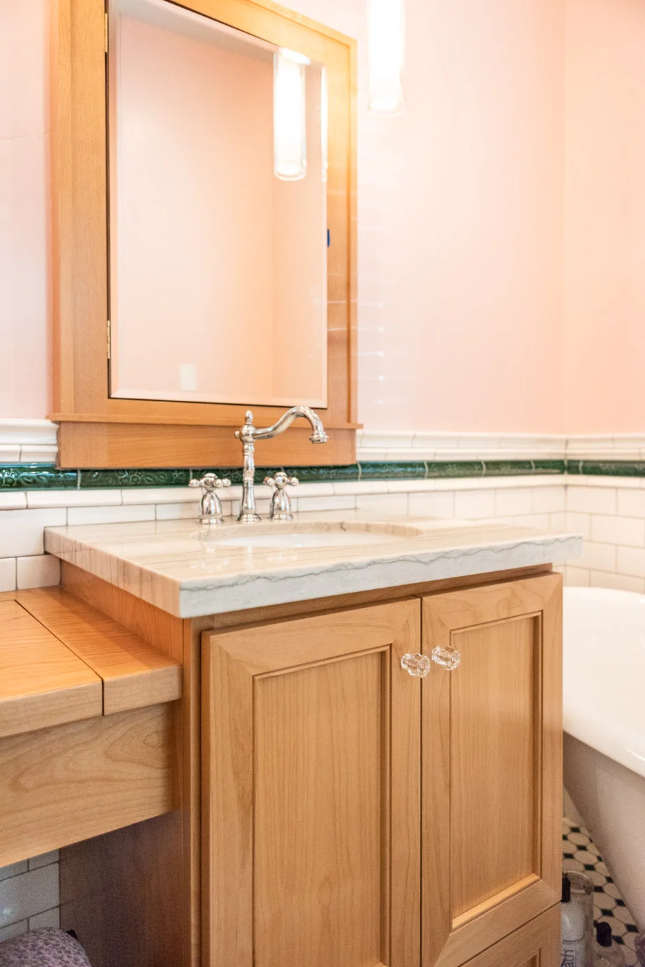 Eclectic Country Craftsman bathroom vanity with custom natural wood cabinets