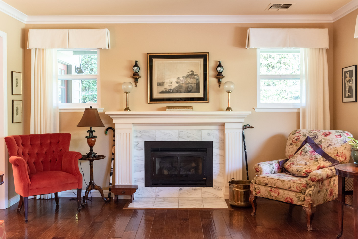 English Country Home custom living room white painted wood mantle