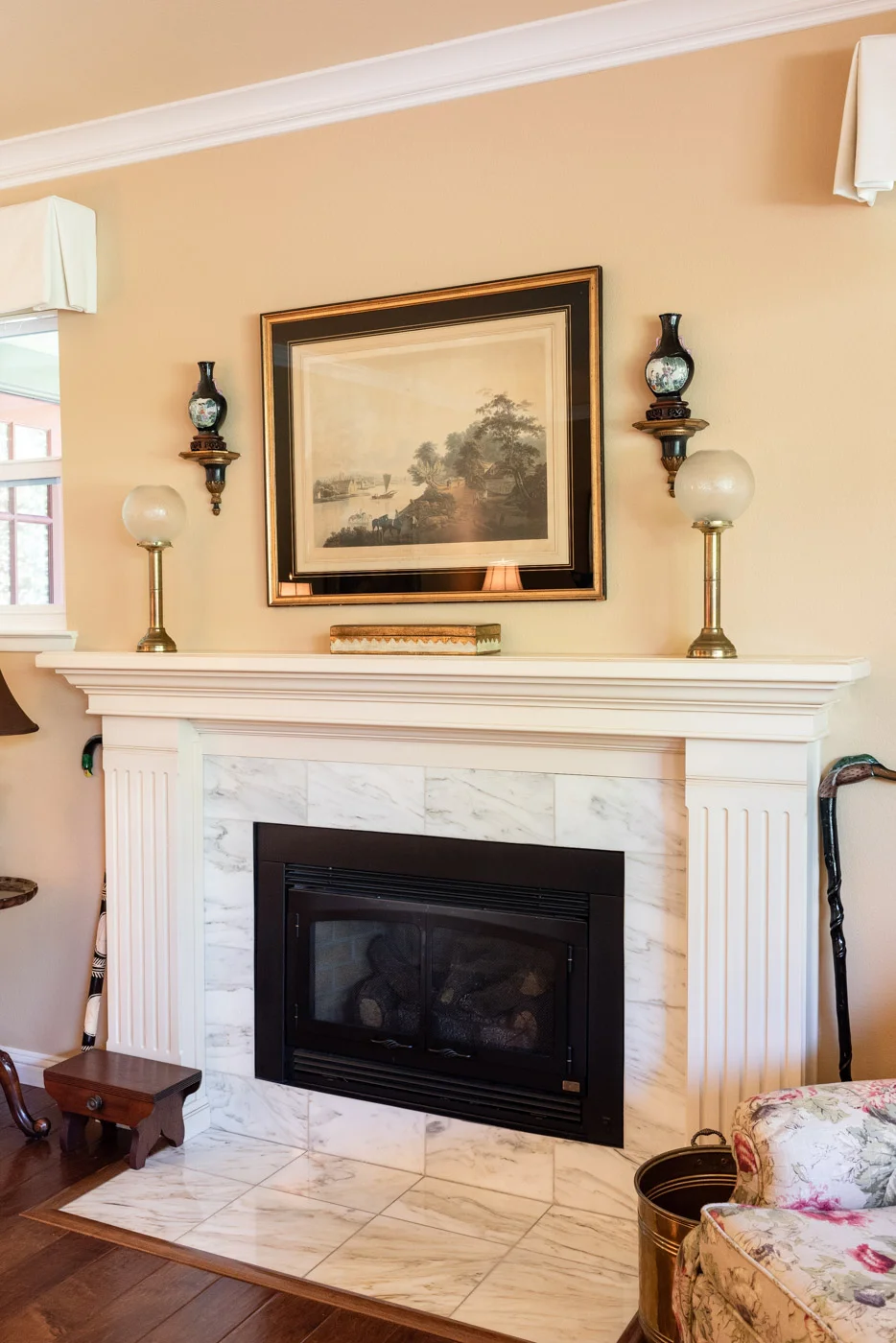 English Country Home custom living room white painted wood mantle