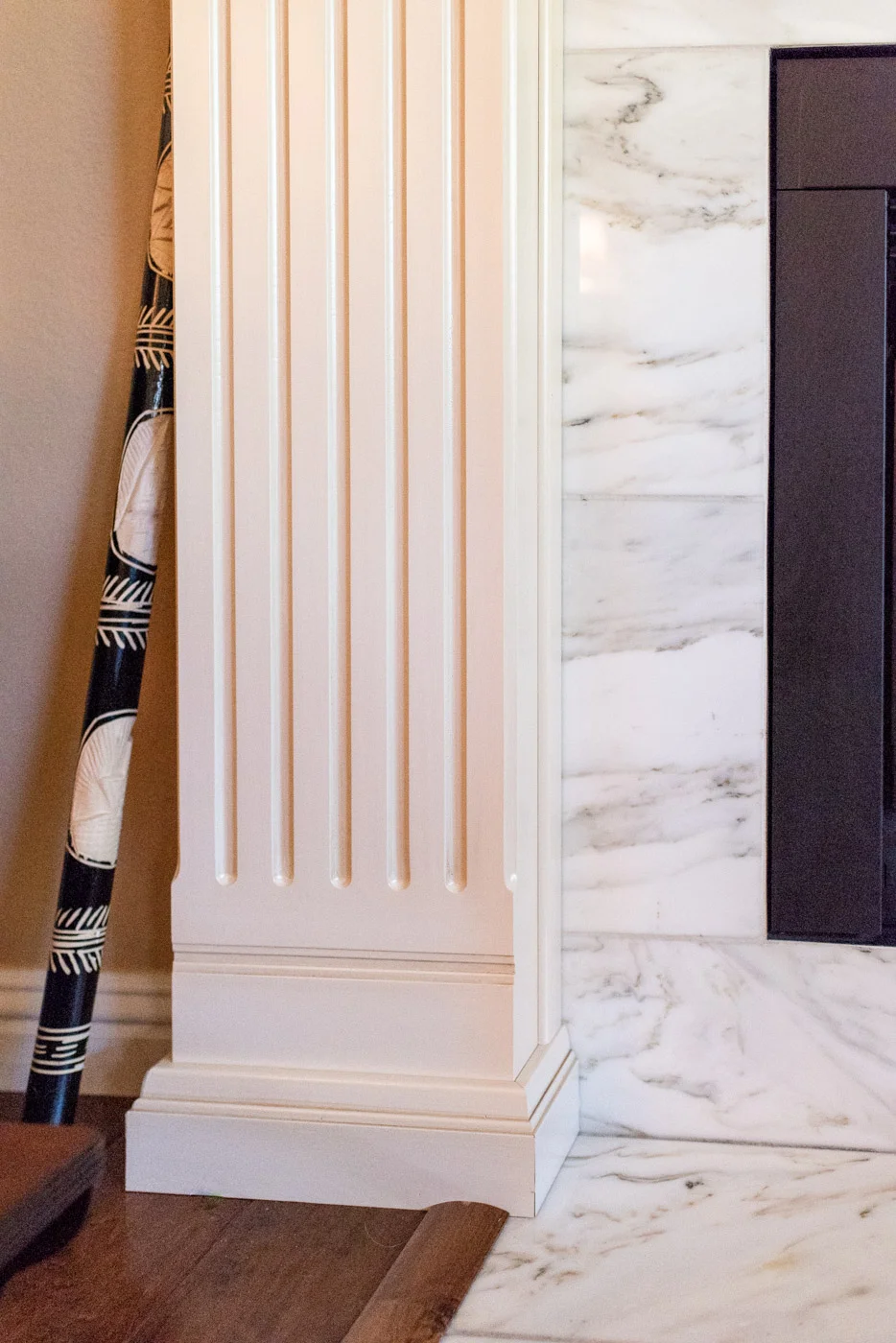 English Country Home custom living room white painted wood mantle