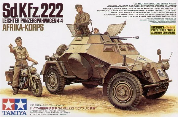 Tamiya TA35286 1/35 German Sd.Kfz.222 DAK/Afrika Korps with crew and DKW motorcycle with rider
