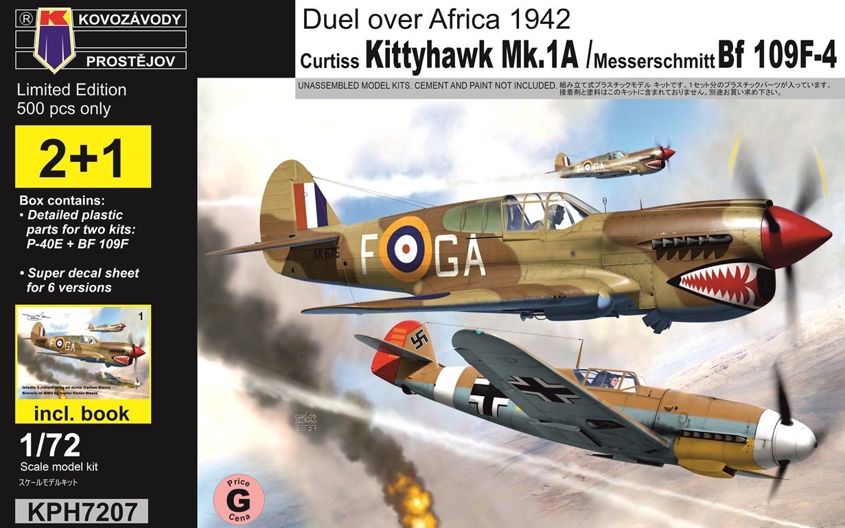 Kovozavody Prostejov 1/72 Duel over Africa 1942". In this box you will find two models. Curtiss Kittyhawk Mk.Ia and Messerschmitt Bf-109F-4. In the box you will also find a publication from Narez publ