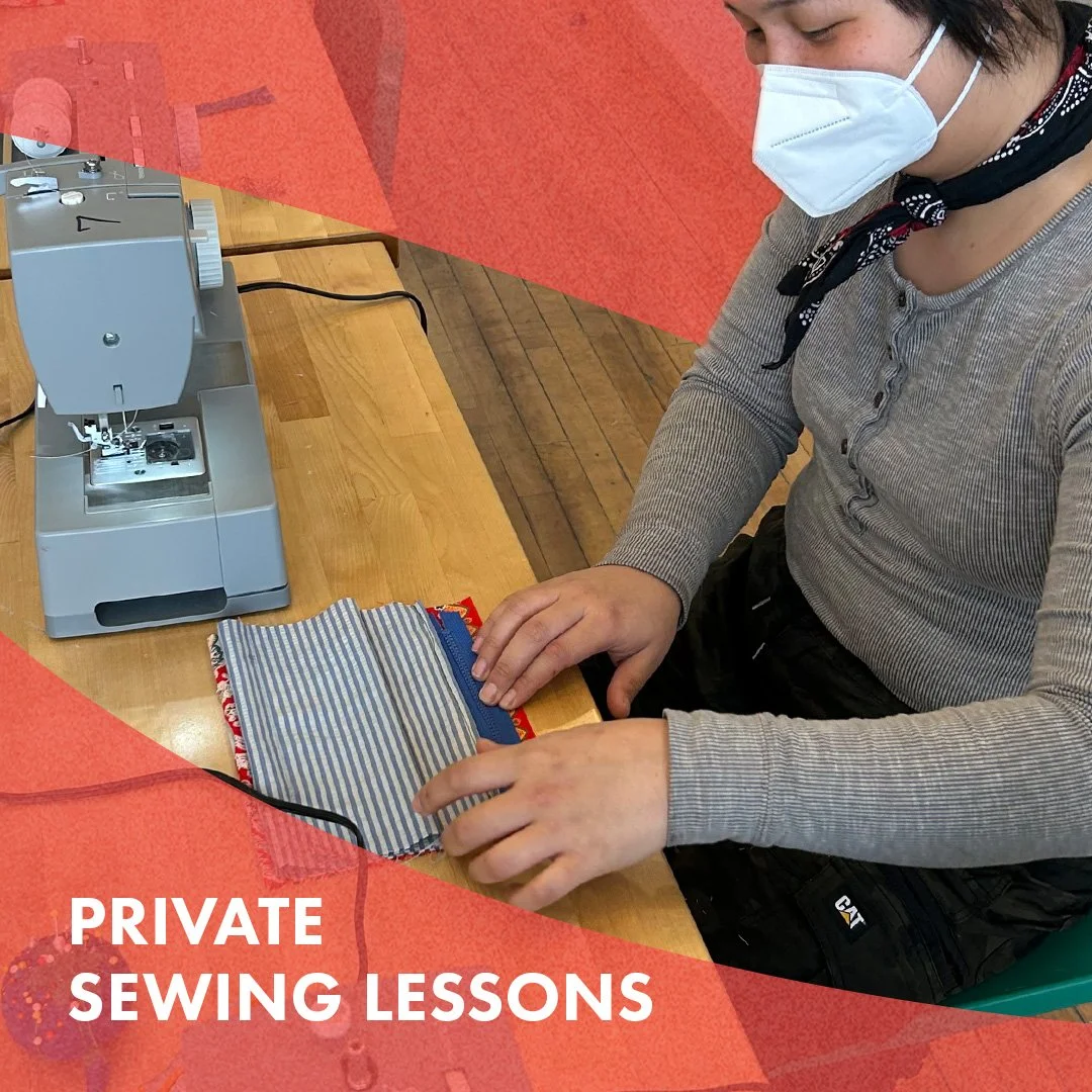 Masked person is seated working on a sewing project with a sewing machine. Orange blocks line top and bottom of image. White text reads 'private sewing lessons'