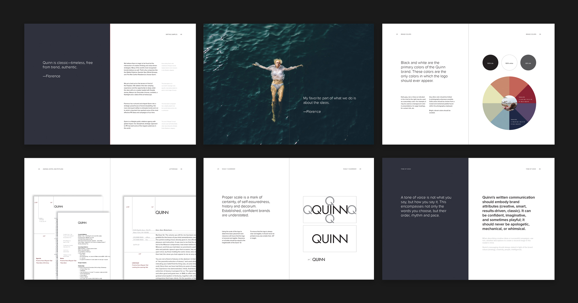 Quinn brand guide book with logo design, stationery, color palette, messaging