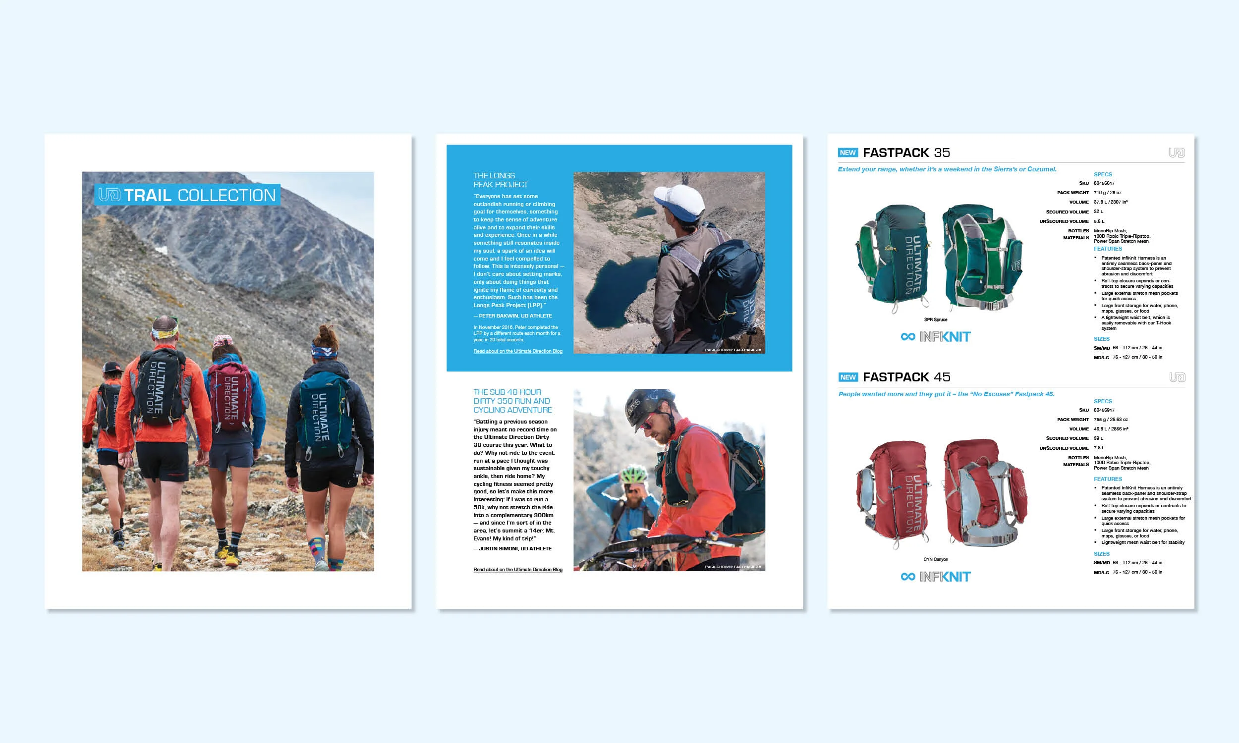 Ultimate Direction uses innovative materials and designs to create the lightest hydration packs and water belts for endurance sports. The brand’s aqua accents their modern, structured design and assists in the readability of detailed technical feat