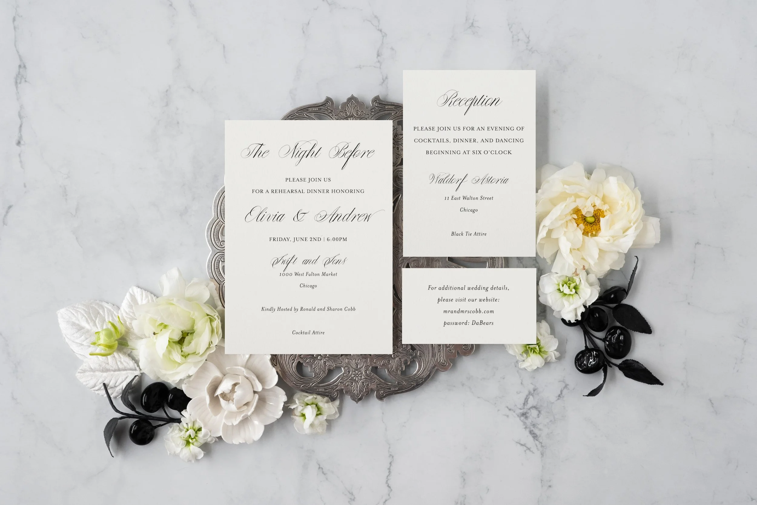 Luxury black-and-white wedding invitation suite with double-thick cotton cardstock, black edge painting, silk ribbon, and vintage postage inspired by old Chicago elegance.