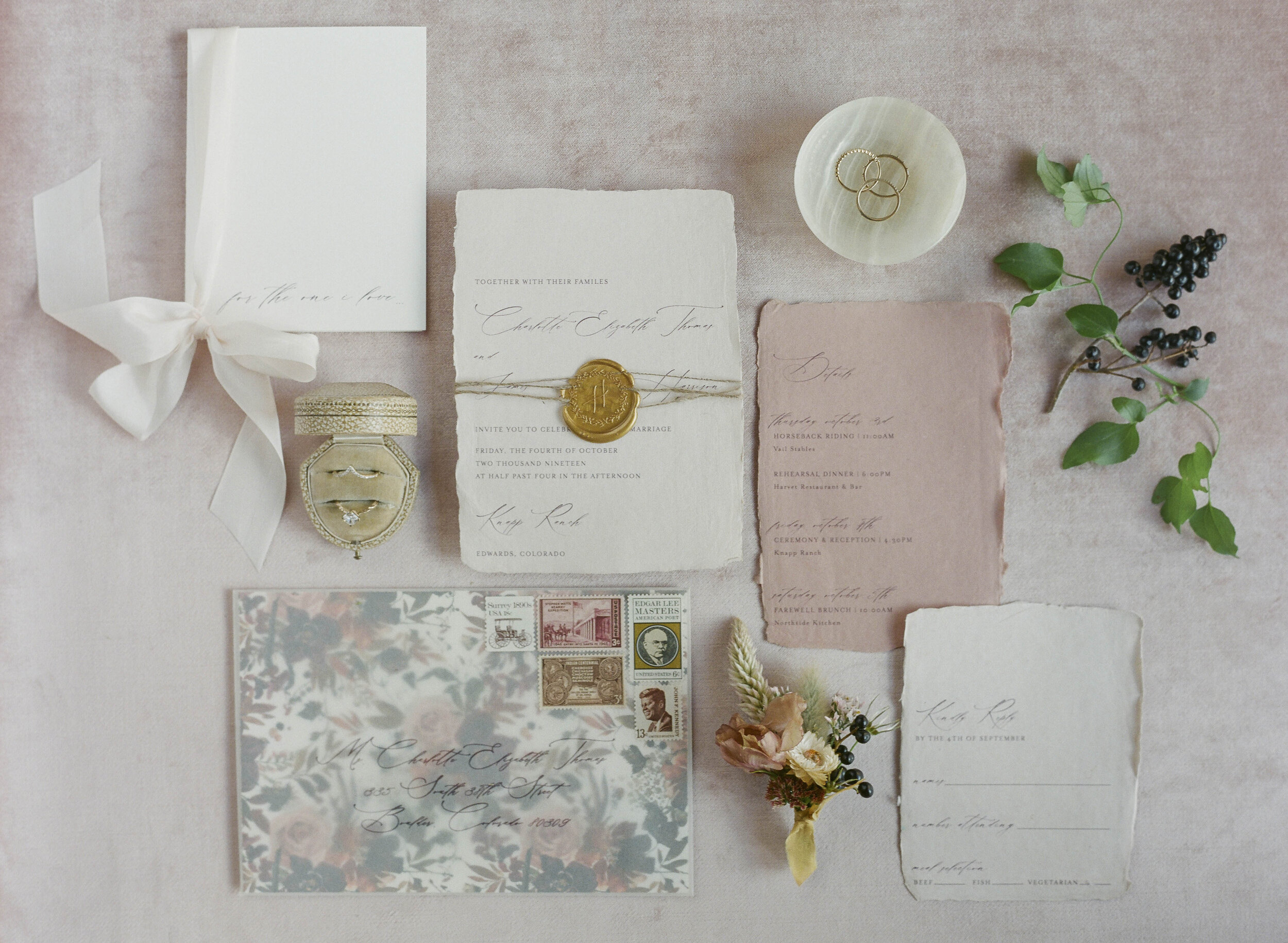 Blush and Vellum Floral Wedding Invitations with Handmade Paper and Vintage Postage - Hazel Eye Designs