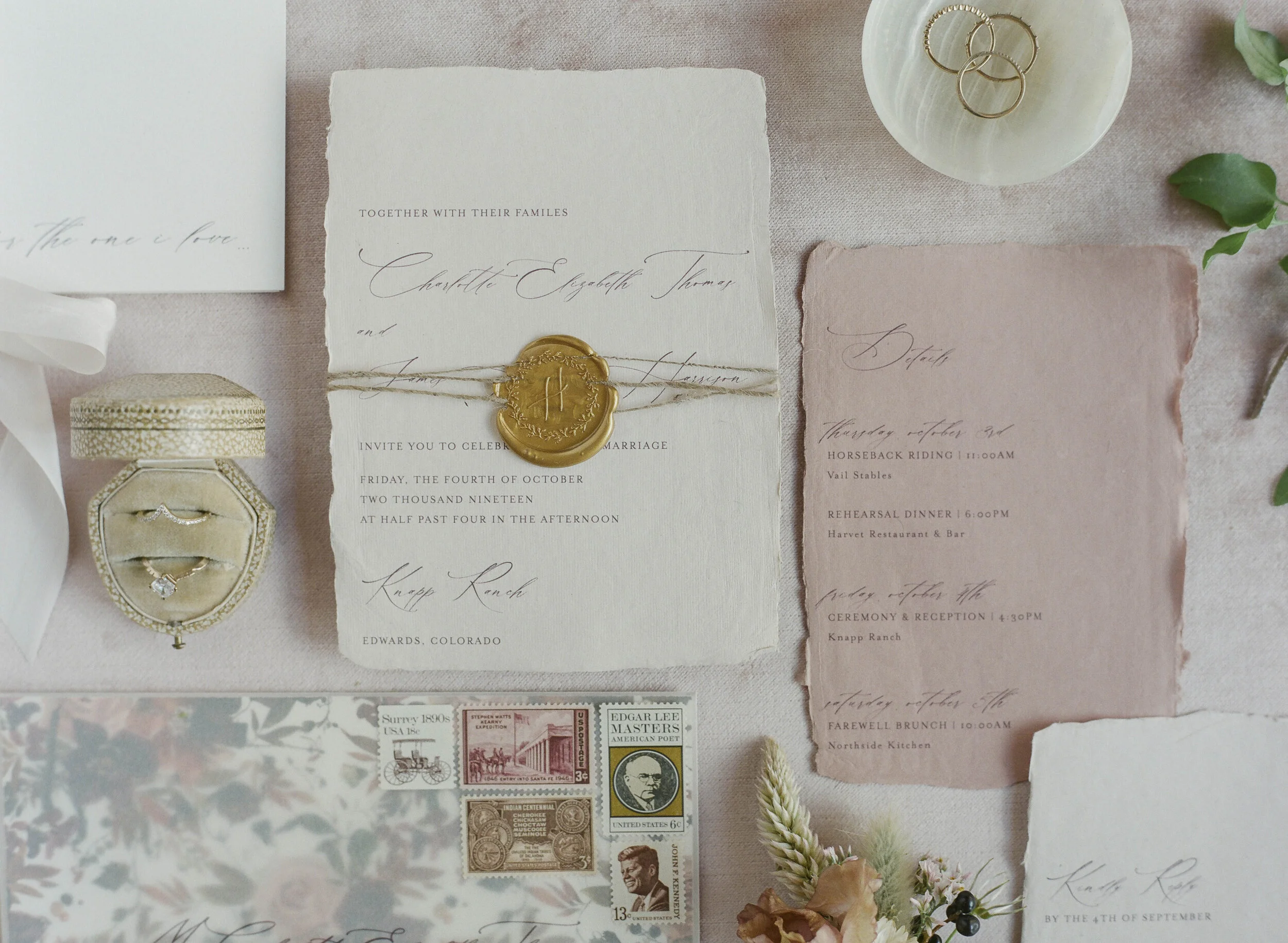 Blush and Floral Wedding Invitation with Handmade Paper and Wax Seals - Hazel Eye Designs