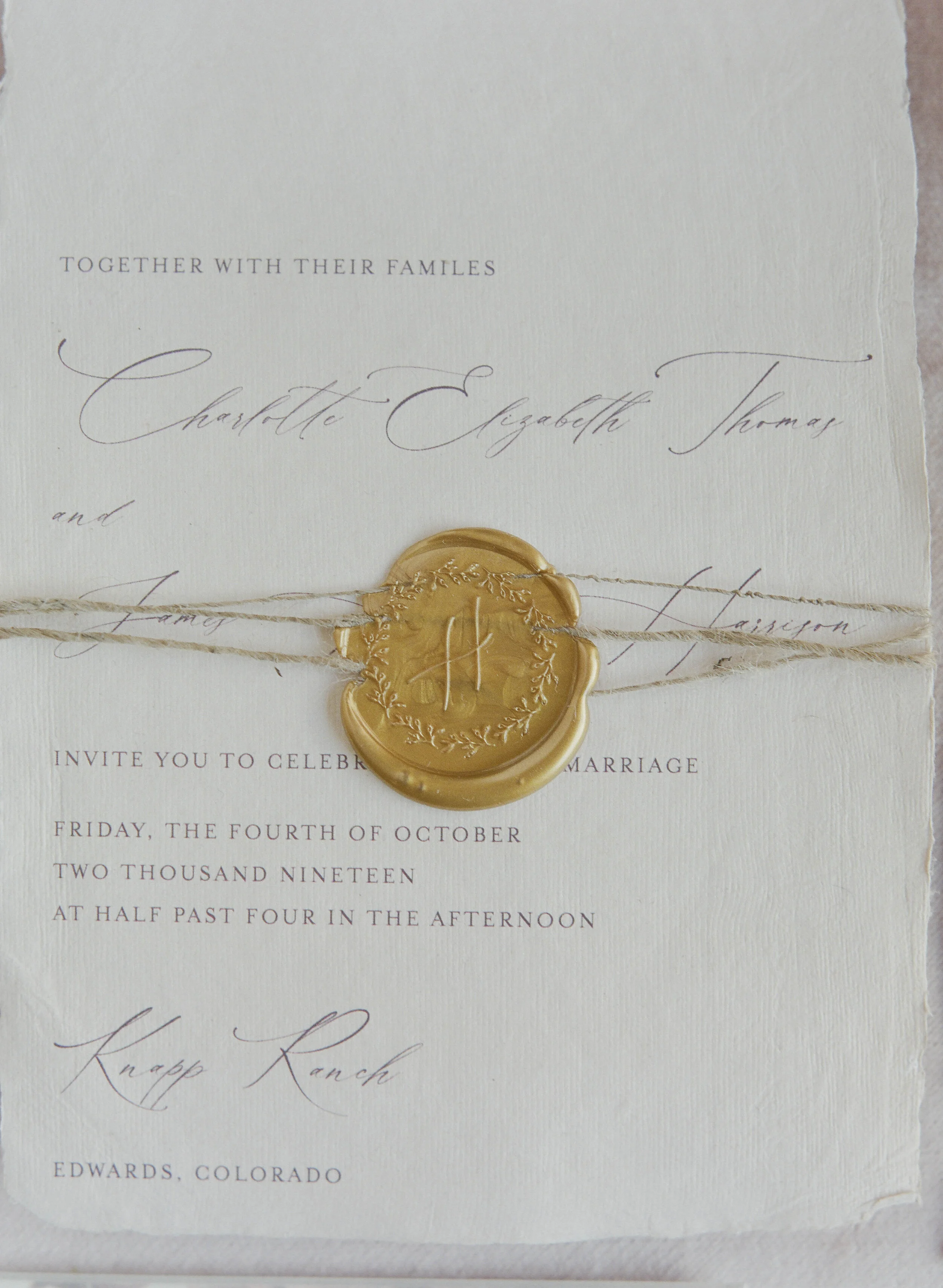 Handmade Paper and Gold Wax Seal Wedding Invitation - Hazel Eye Designs