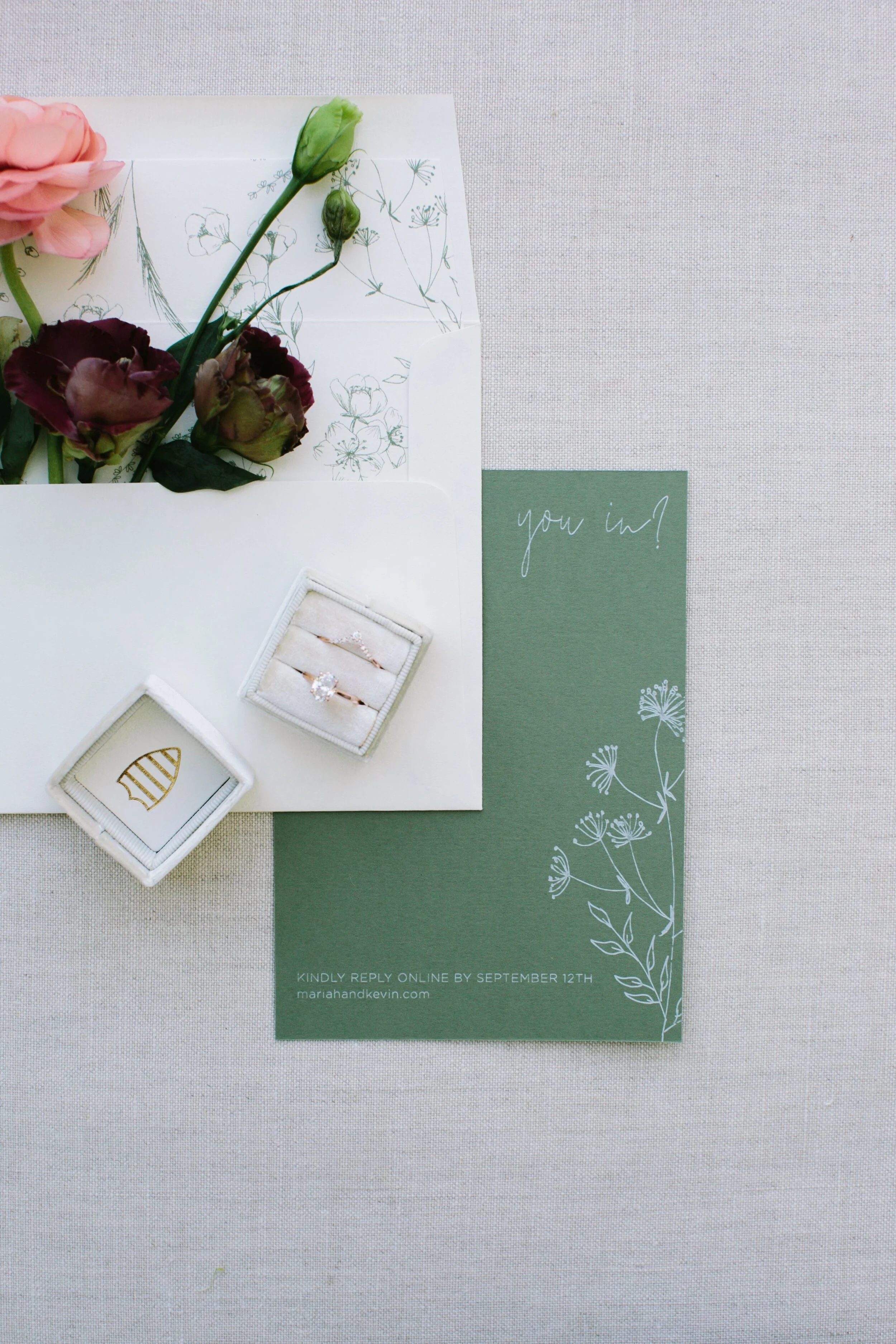 Green and White Outdoor, Nature-Inspired Wedding Invitations with Hand Drawn Florals // Hazel Eye Designs