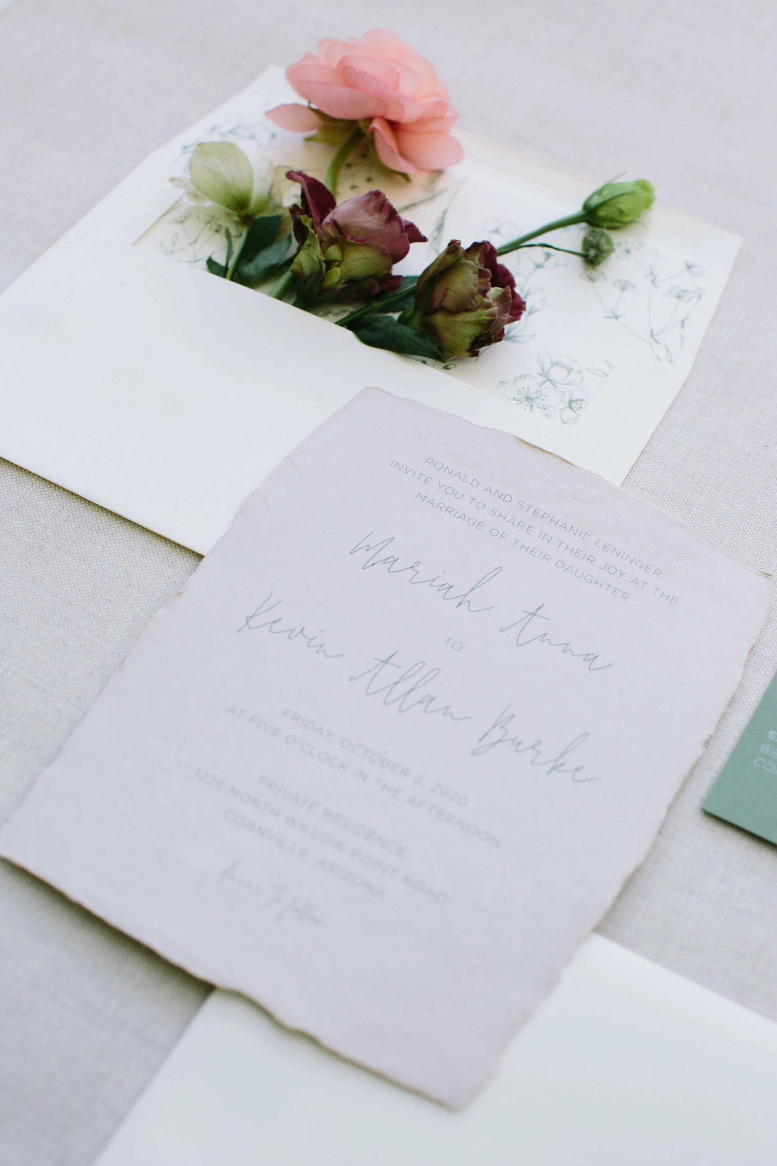 Green and White Outdoor, Nature-Inspired Wedding Invitations with Hand Drawn Florals // Hazel Eye Designs