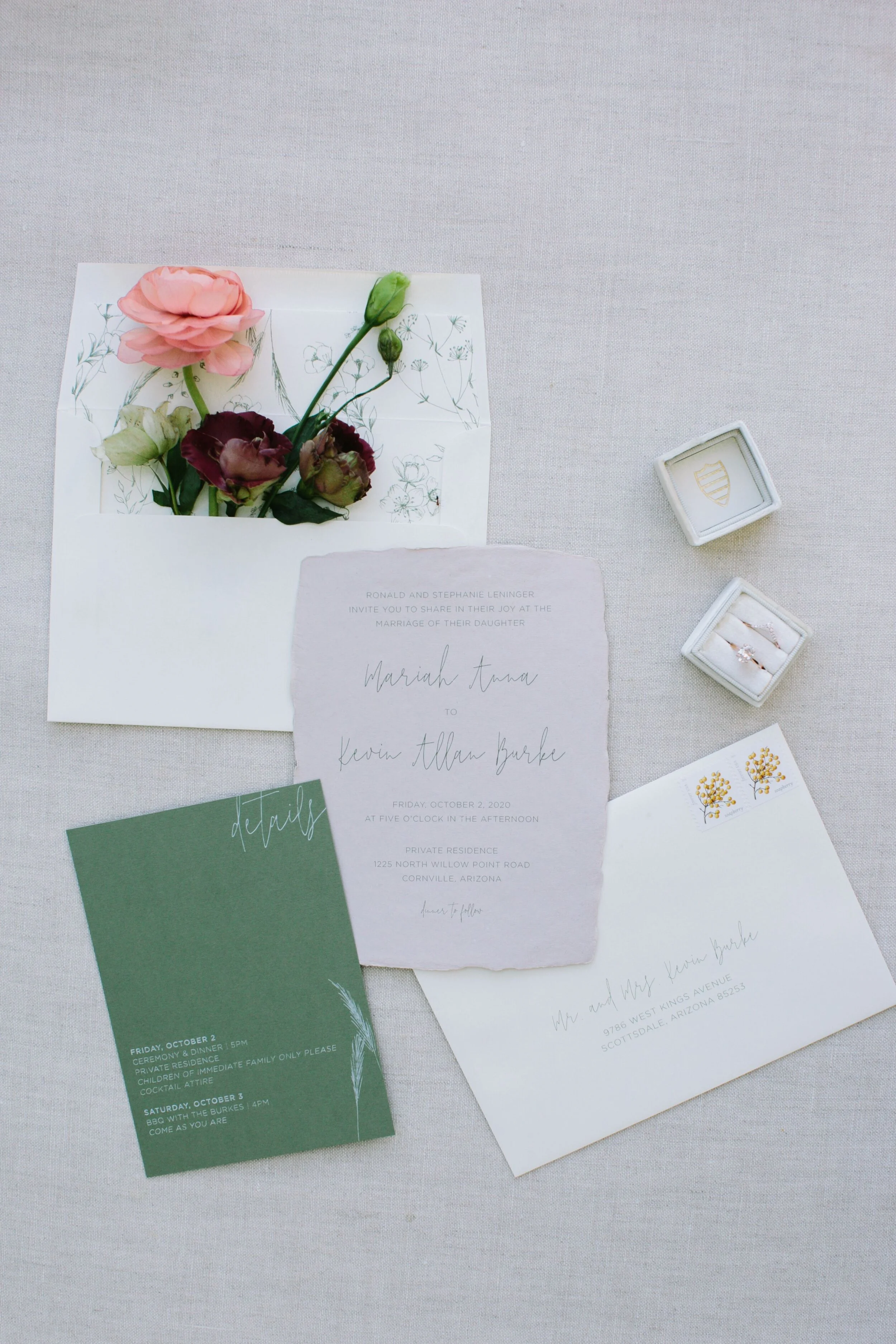 Green and White Outdoor, Nature-Inspired Wedding Invitations with Hand Drawn Florals // Hazel Eye Designs