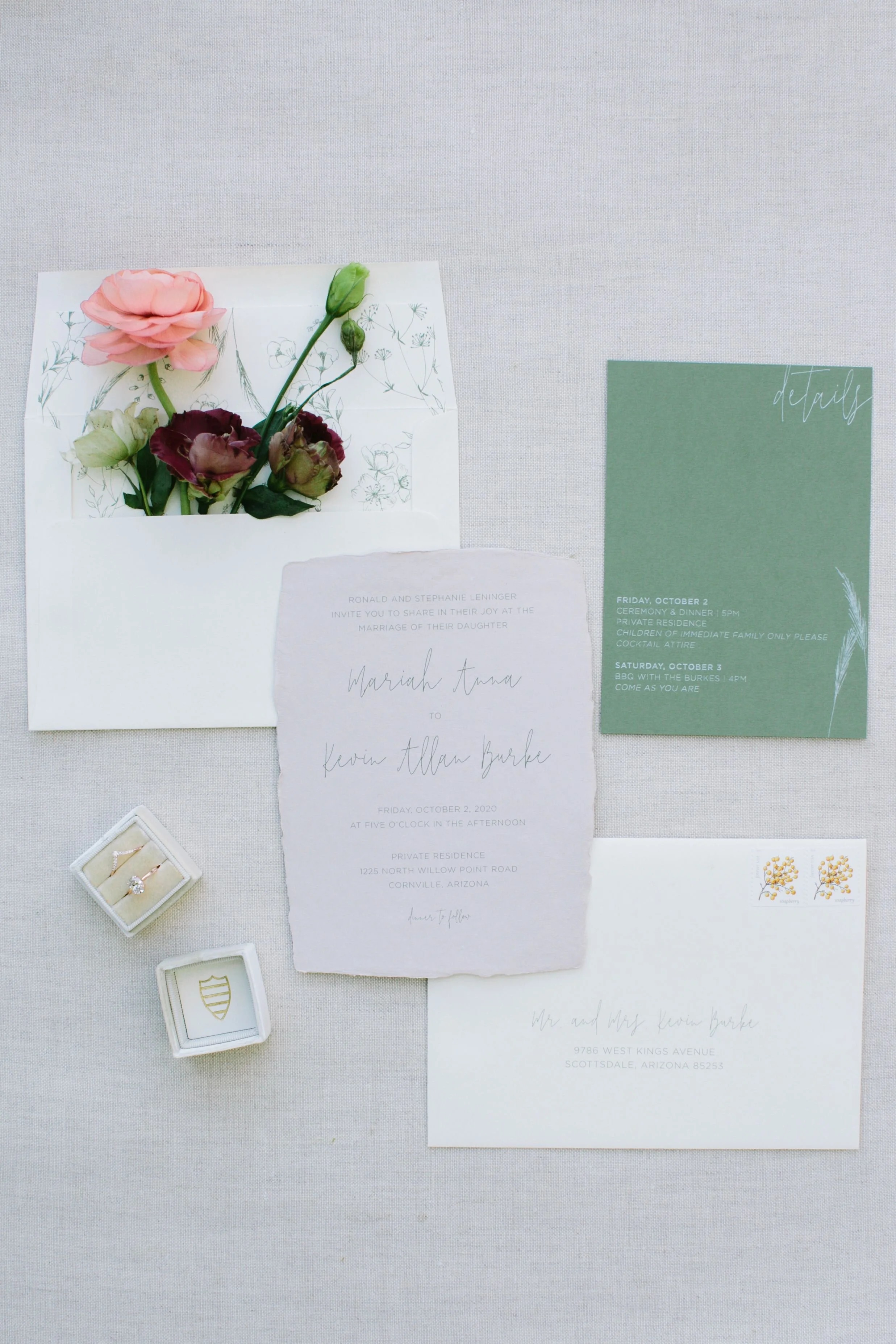 Green and White Outdoor, Nature-Inspired Wedding Invitations with Hand Drawn Florals // Hazel Eye Designs