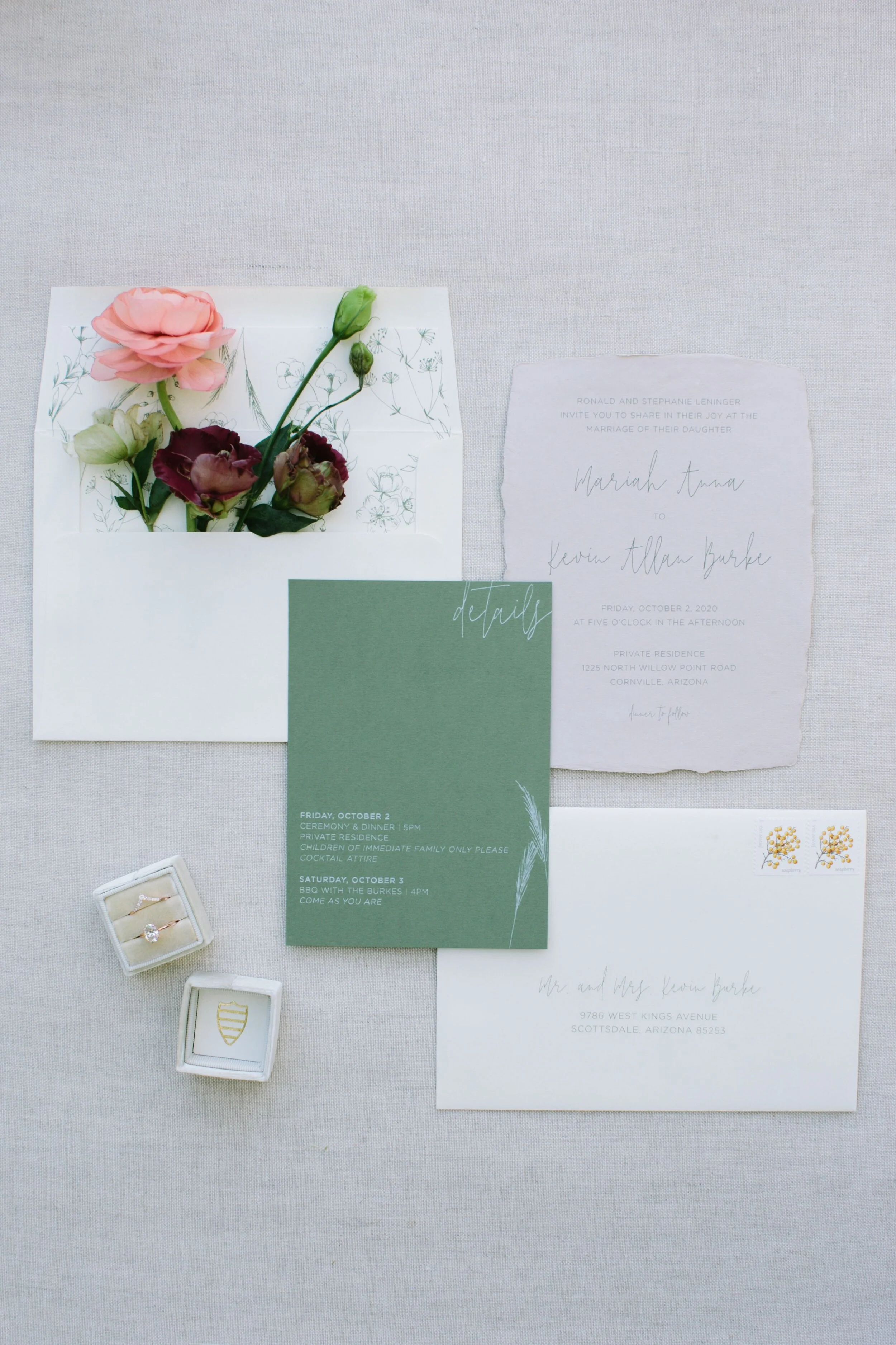 Green & White Nature-Inspired Wedding Invitations with Hand Drawn Florals // Hazel Eye Designs