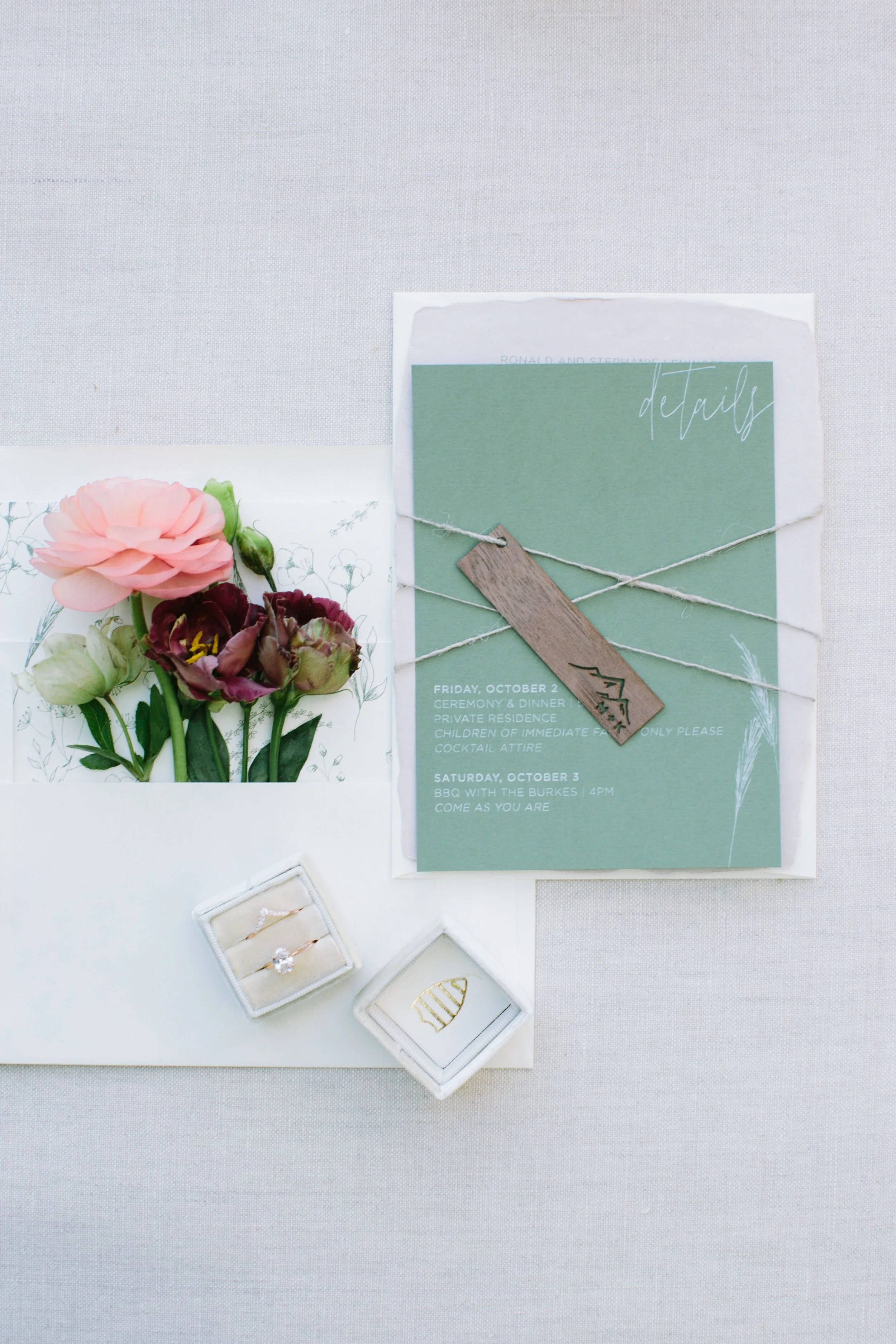 Green and White Outdoor, Nature-Inspired Wedding Invitations with Hand Drawn Florals // Hazel Eye Designs