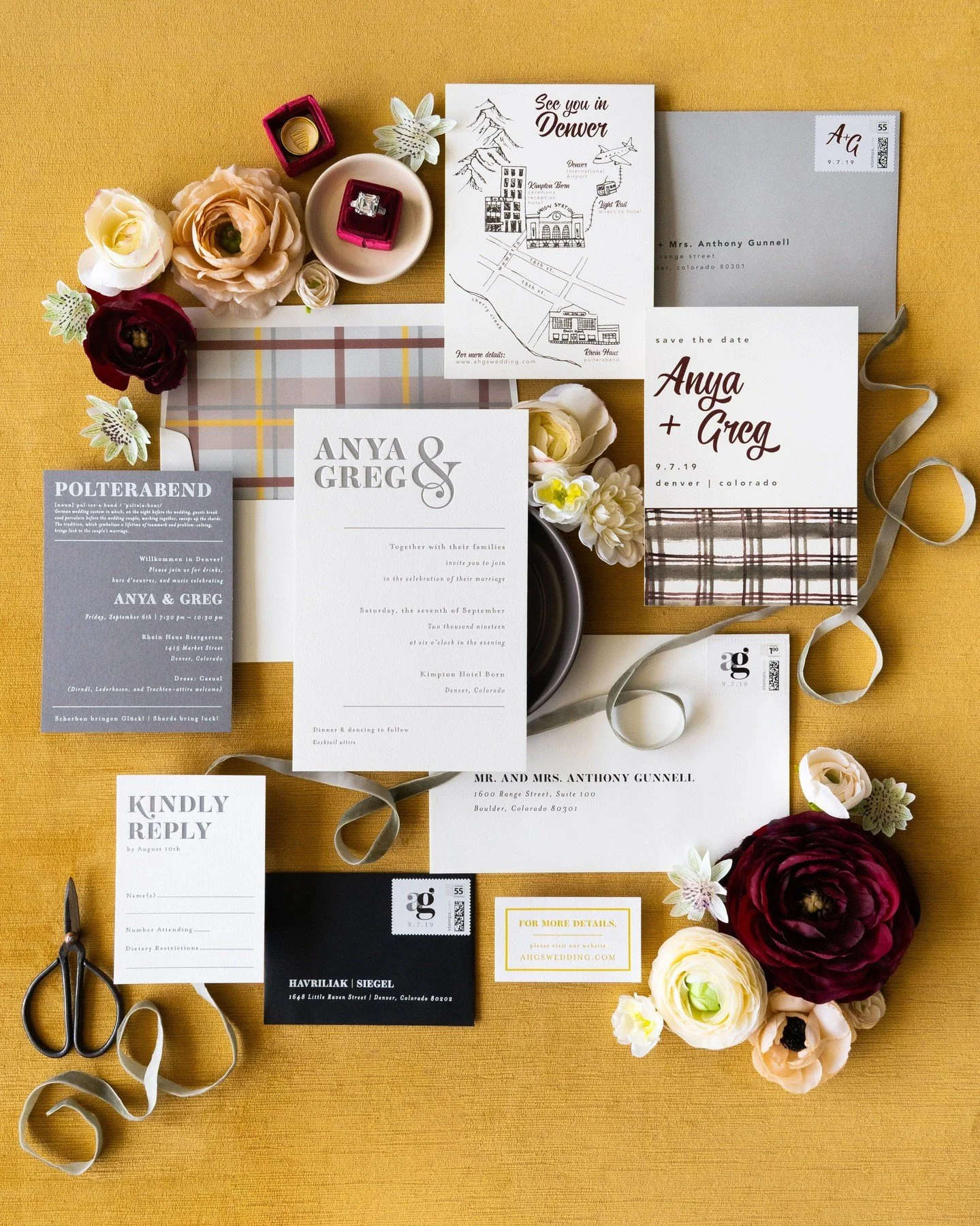 Moody tones, rich textures, and autumn-inspired details&mdash;an invitation suite with depth, drama, and undeniable elegance. 🖤 Happy Anniversary to A+G!⁣
⁣
Stationery + Paper Goods // @hazeleyedesigns⁣
Photo + Styling // @peterson.design.photo