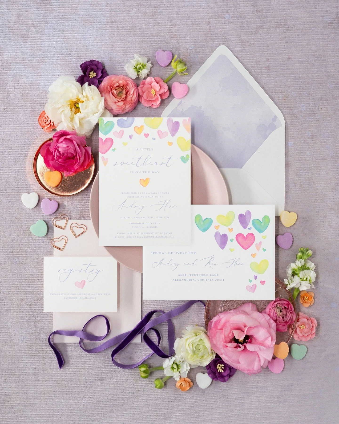Colorful hearts and sweet beginnings 💕 Wishing you a Valentine's weekend filled with love, joy, and the people who mean the most!⁣
⁣
Stationery: @hazeleyedesigns ⁣
Photo + Styling: @peterson.design.photo ⁣
Mama + Baby: @a_mooney8