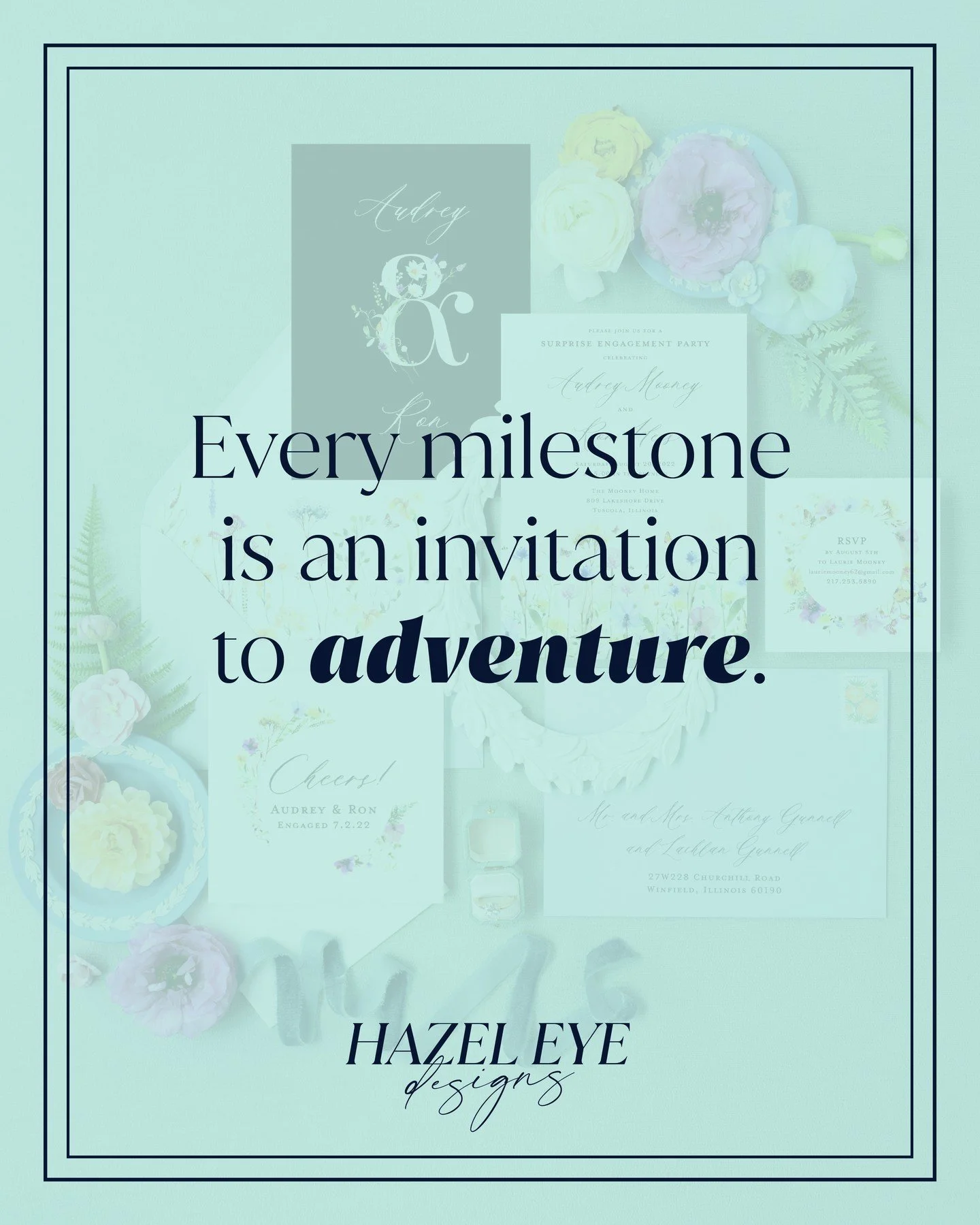 Milestones are a big deal 𝘢𝘯𝘥 they're a doorway to something new. Two things can be true. (Thanks, Dr. Becky. IYKYK.)⁣
⁣
Stationery thoughtfully designed for @a_mooney8: @hazeleyedesigns ⁣
Photo + Styling: @peterson.design.photo