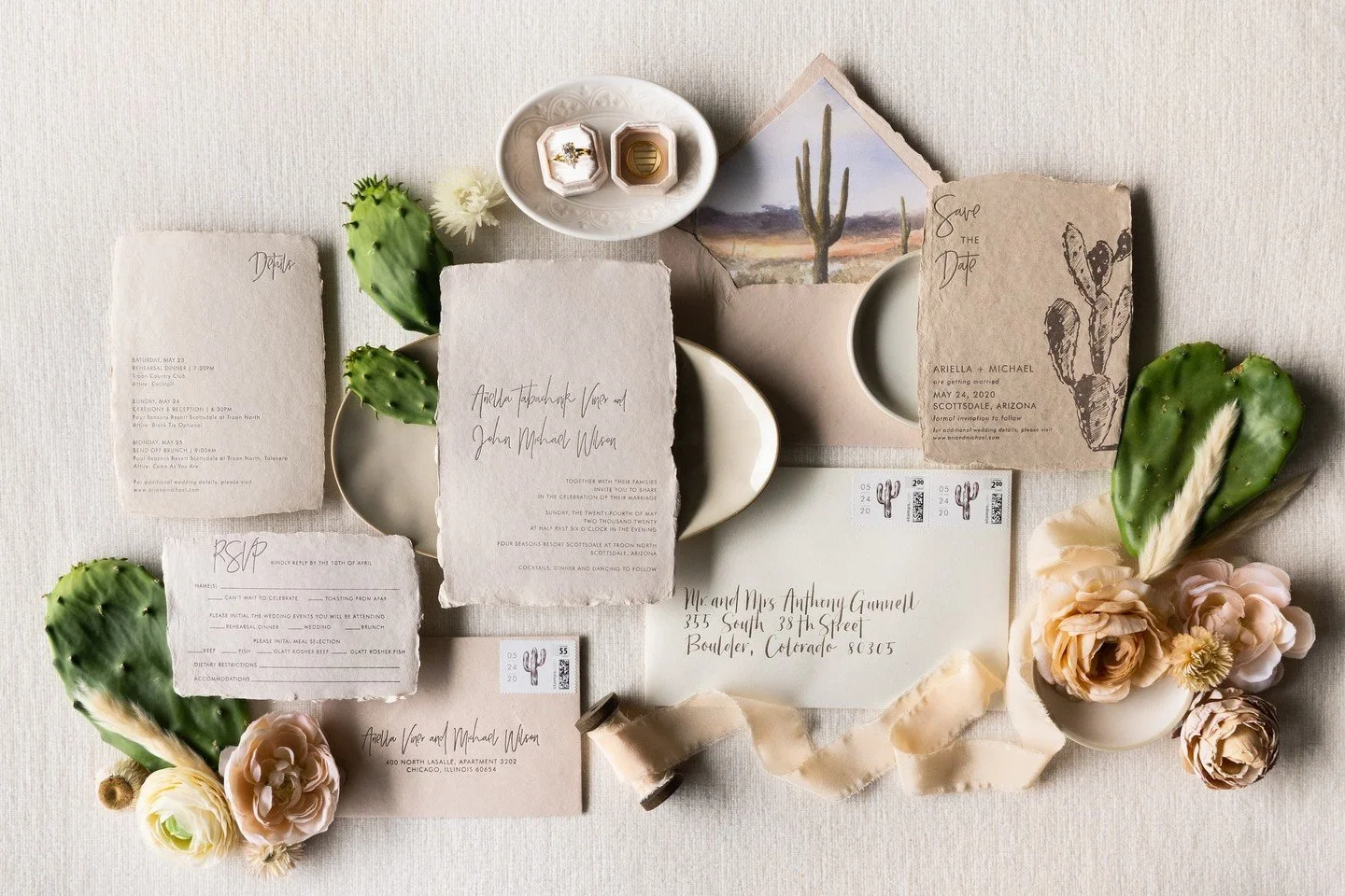 Inspired by the desert surrounding the Four Seasons Troon North in Scottsdale, this suite was letterpressed on handmade paper in soft desert tones. ⁣
⁣
Simple, textured, and grounded in the landscape&mdash;this one was all about letting the materials