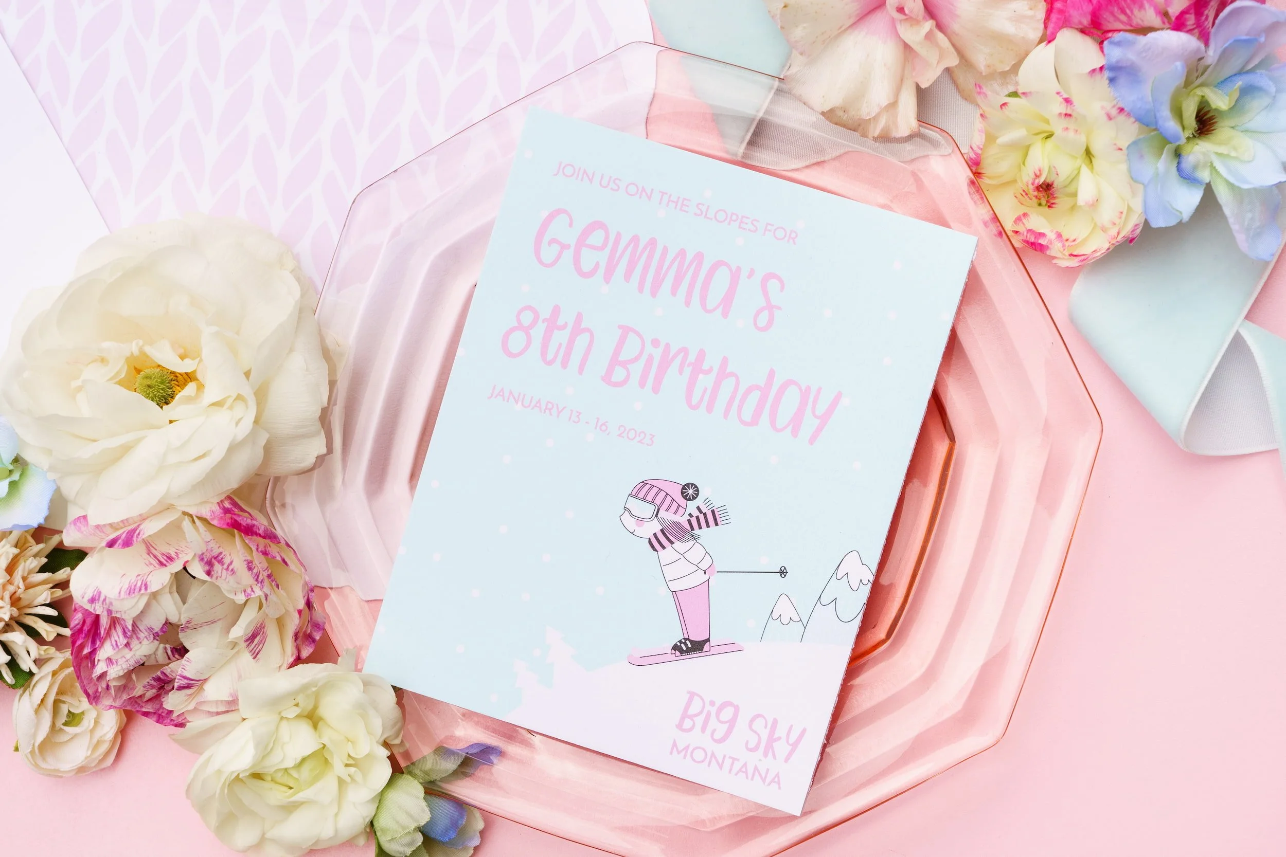 Inspired by the birthday girl's favorite colors and love of skiing, this luxury invitation suite set the stage for an unforgettable girls' weekend in Big Sky filled with ski lessons, spa days, shopping, and mountain adventures.