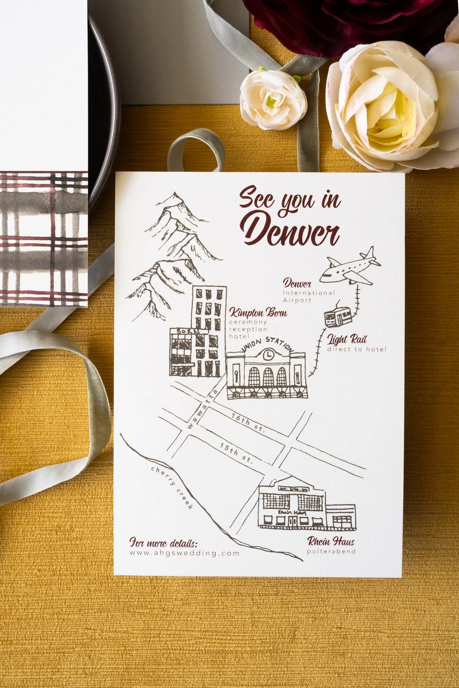 Modern Denver save the date suite with bold typography, plaid envelope liner, foil stamping, and custom monogram postage for an autumn celebration.