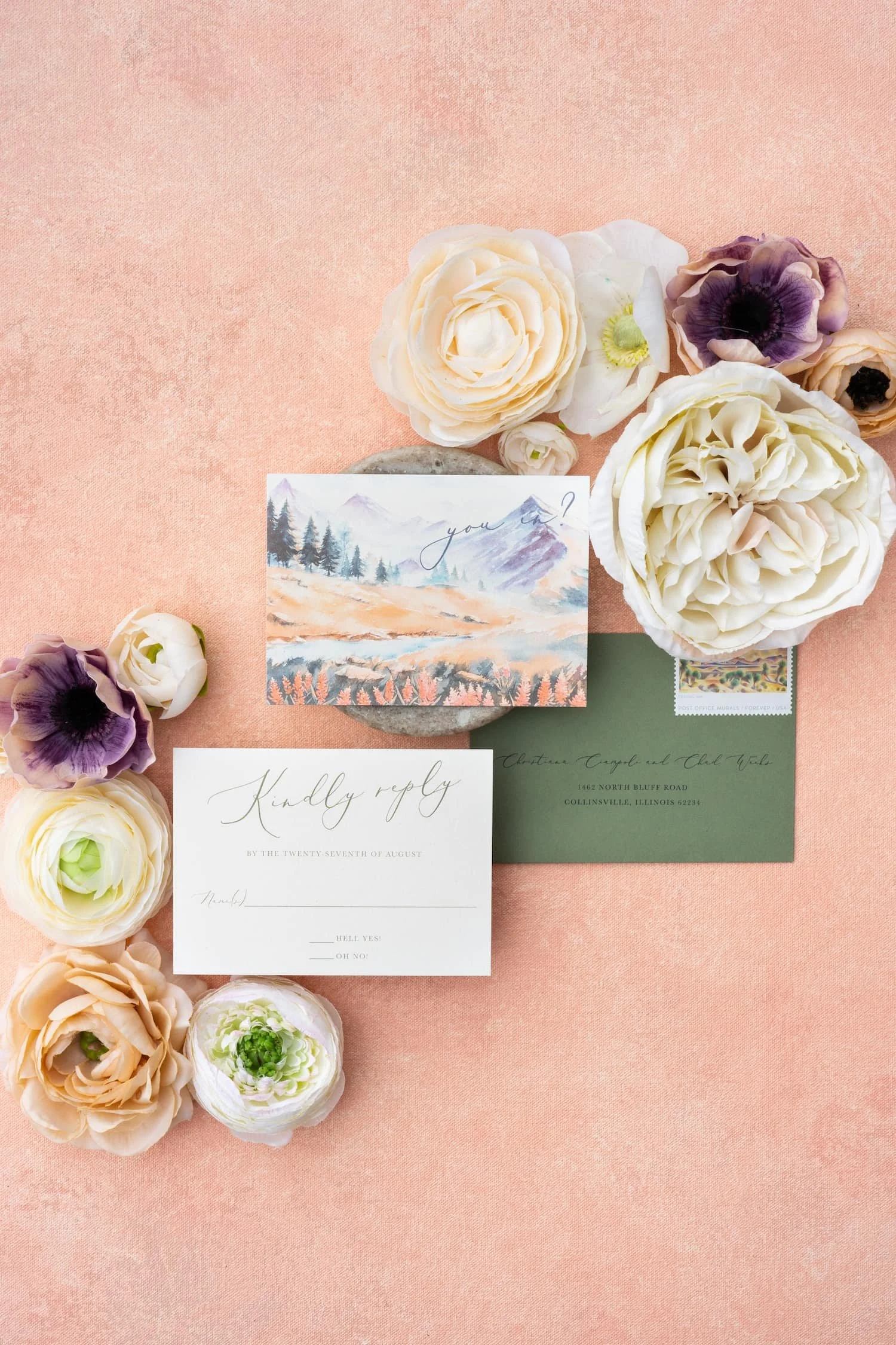 Wedding RSVP card featuring the playful phrase "You in?" in modern script alongside refined typography and watercolor Western-inspired details.