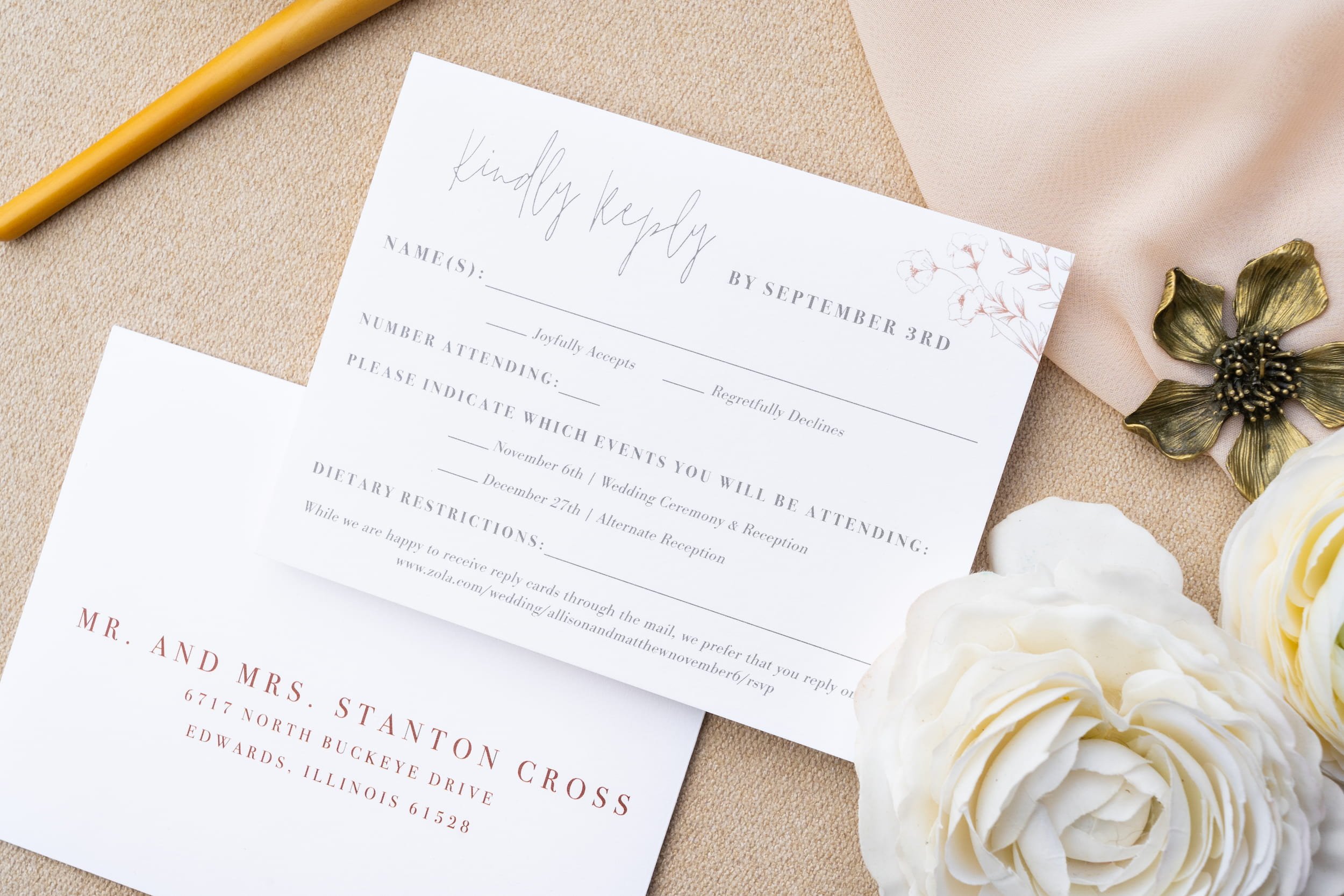 Elegant barn wedding stationery suite with velvet details, soft gray paper, rust accents, and cozy November-inspired fall textures.