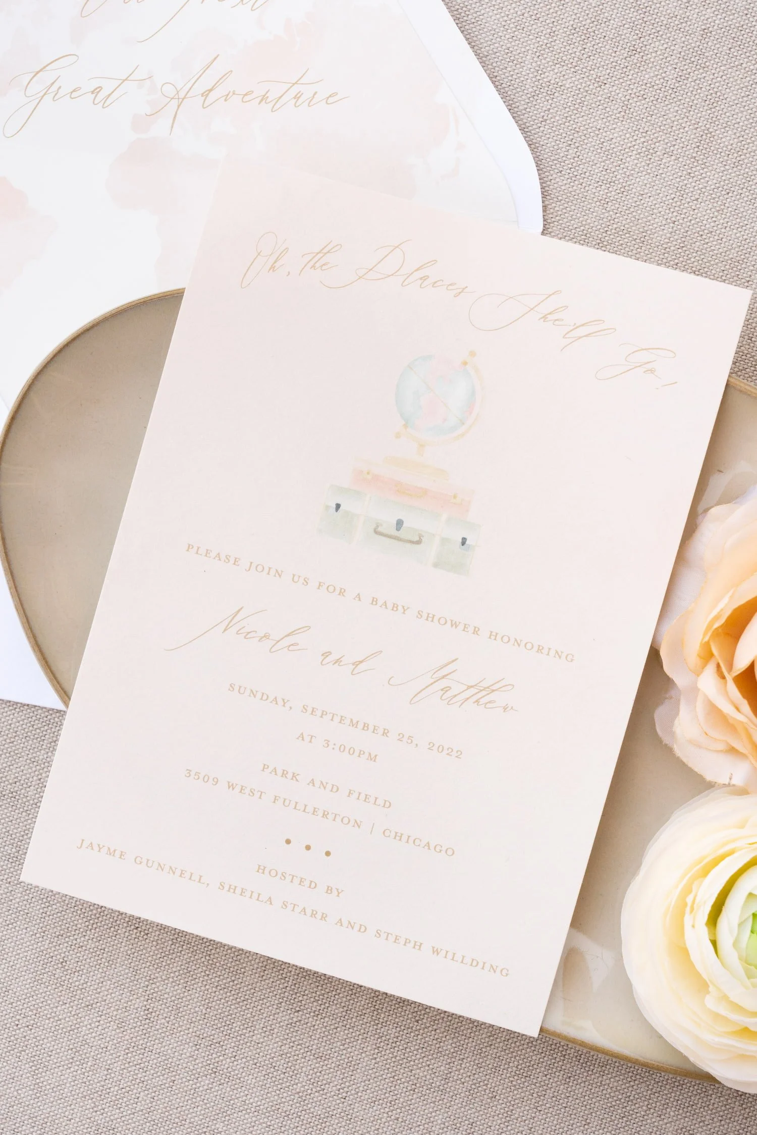 Adventure-themed baby shower invitation with warm peach and sage watercolor illustrations, modern typography, and travel-inspired details announcing a celebration for parents-to-be.